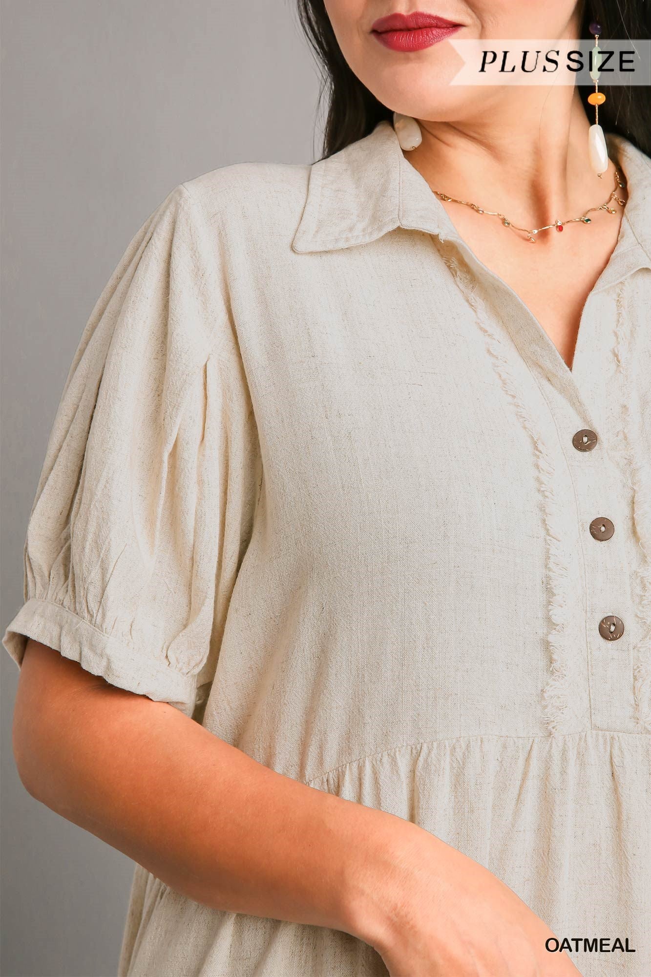 Umgee Plus Linen Collared Tiered Pleated Sleeves Coconut Button Dress