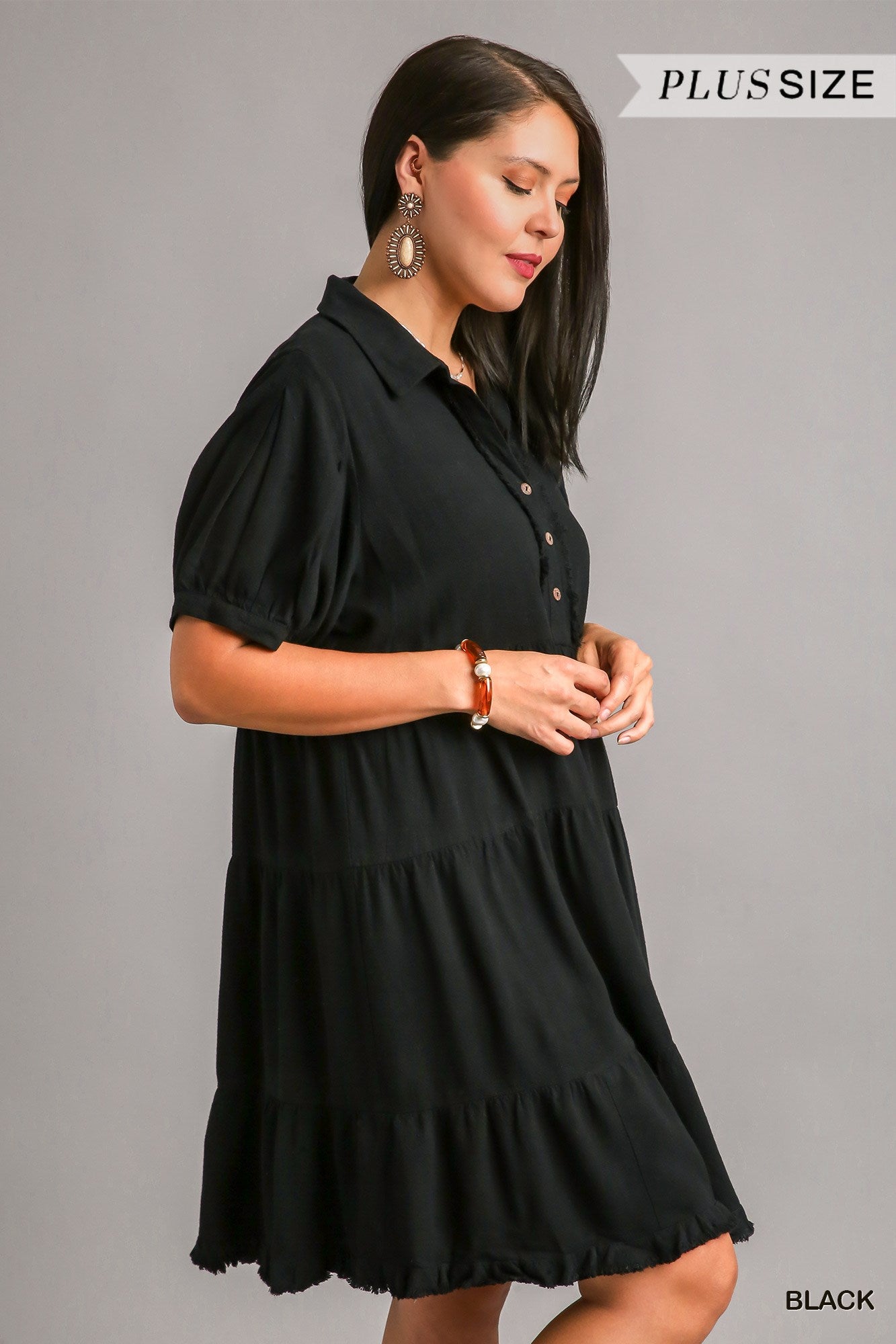 Umgee Plus Linen Collared Tiered Pleated Sleeves Coconut Button Dress