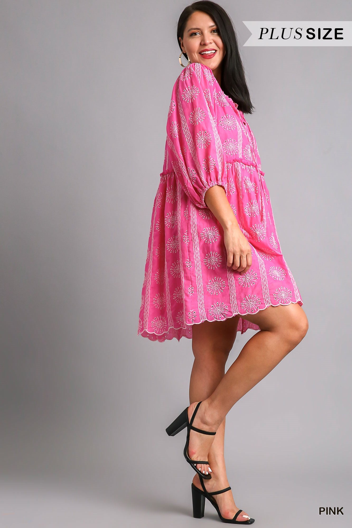 Umgee Plus Embroidery 3/4 Sleeve Scalloped Bottom Dress