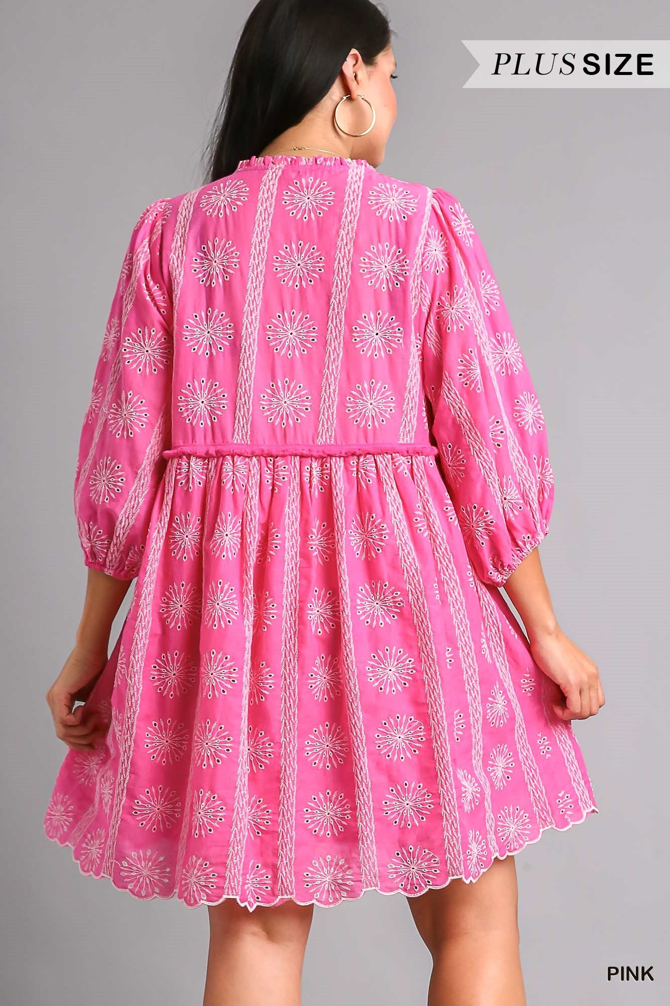 Umgee Plus Embroidery 3/4 Sleeve Scalloped Bottom Dress