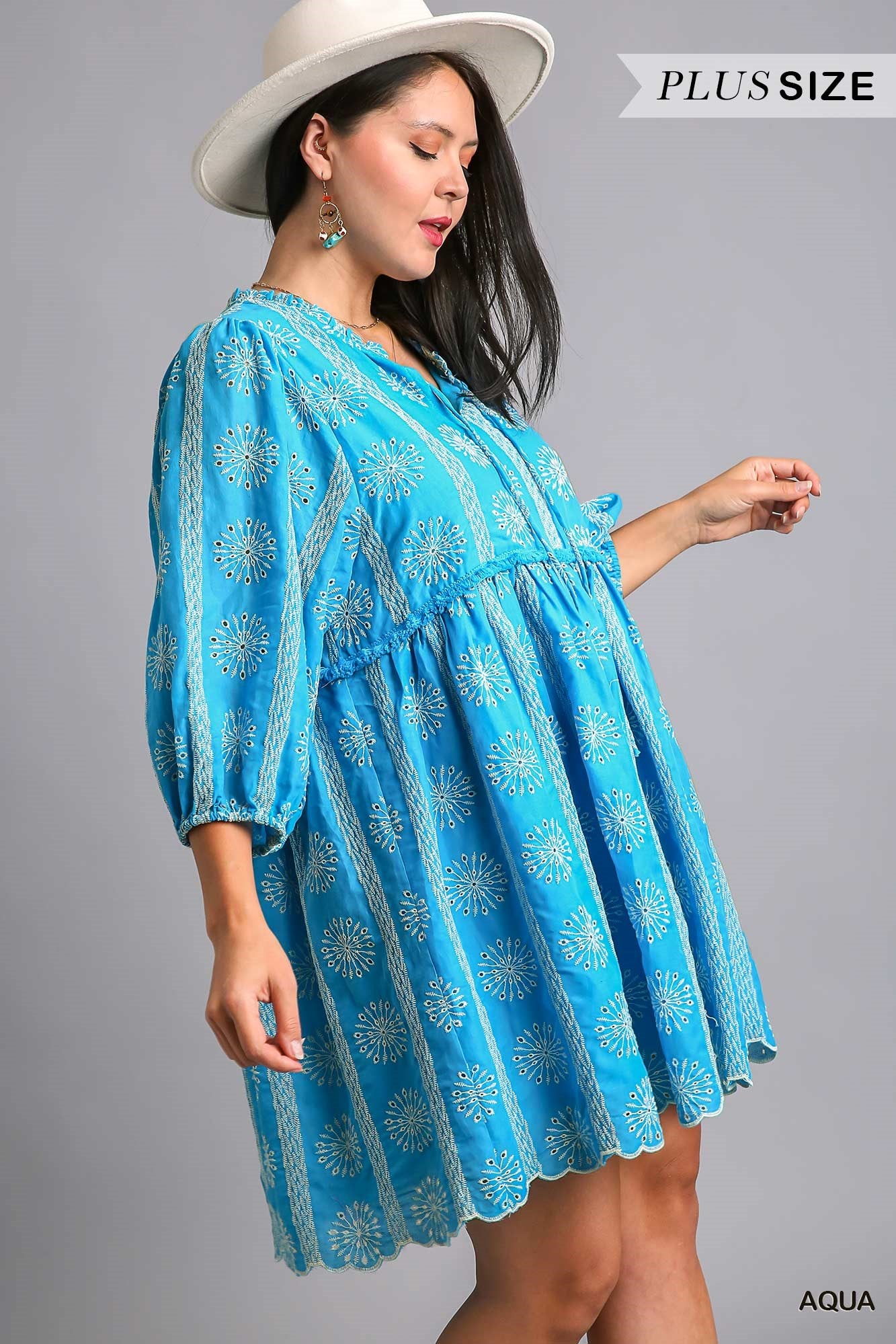 Umgee Plus Embroidery 3/4 Sleeve Scalloped Bottom Dress