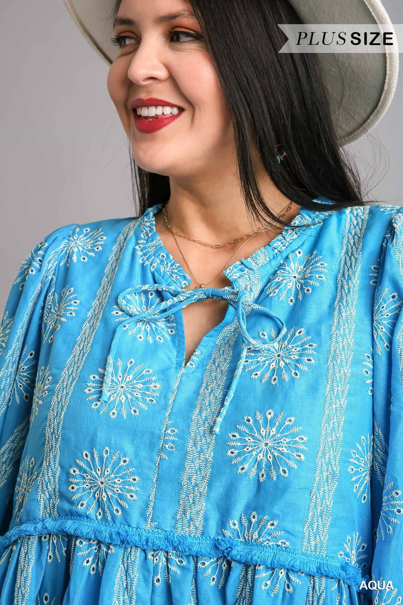 Umgee Plus Embroidery 3/4 Sleeve Scalloped Bottom Dress