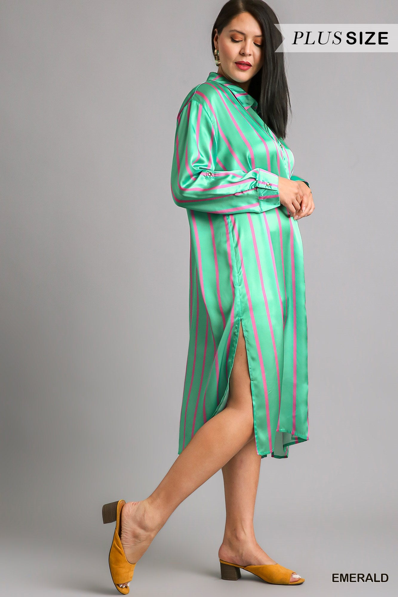 Umgee Plus Stripped Collared Button Down Midi Shirt Side Slits Dress