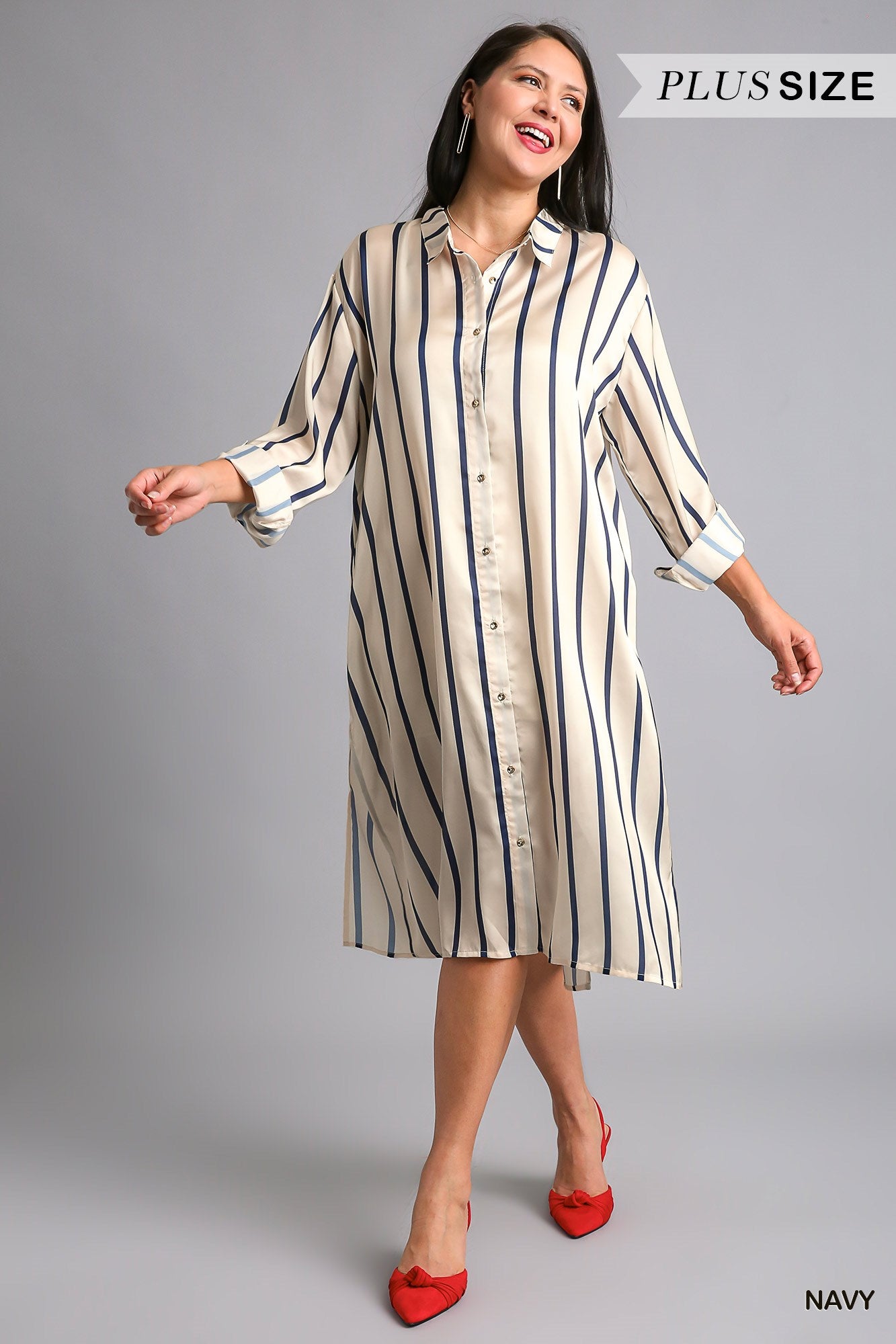 Umgee Plus Stripped Collared Button Down Midi Shirt Side Slits Dress