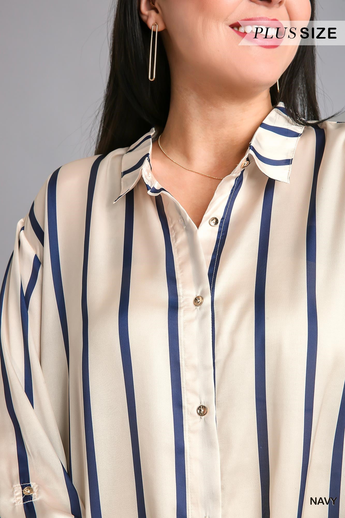 Umgee Plus Stripped Collared Button Down Midi Shirt Side Slits Dress