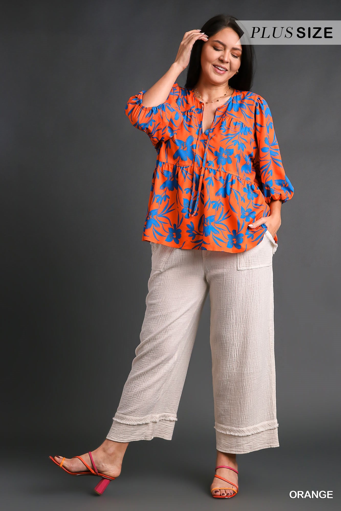 Umgee Plus Floral Print 3/4 Long Sleeve Drawstring Top