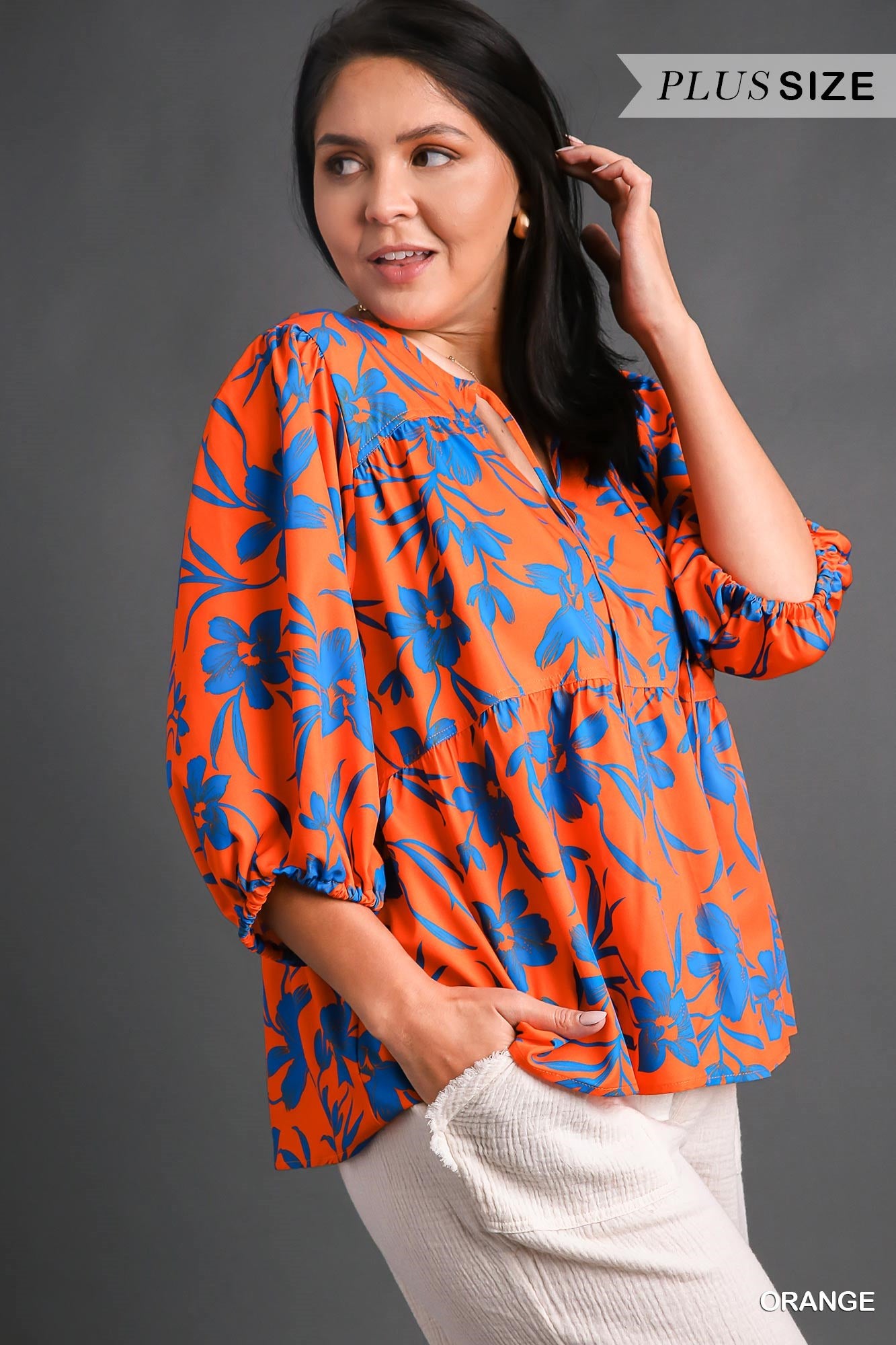 Umgee Plus Floral Print 3/4 Long Sleeve Drawstring Top