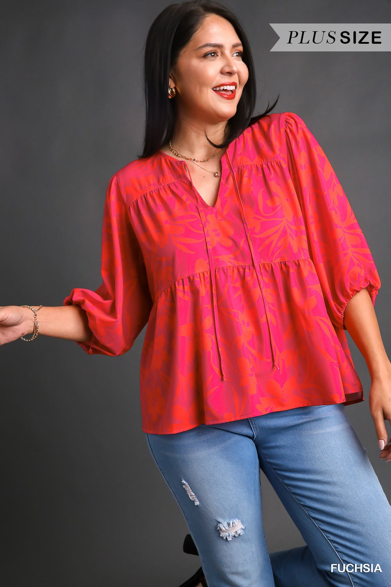 Umgee Plus Floral Print 3/4 Long Sleeve Drawstring Top