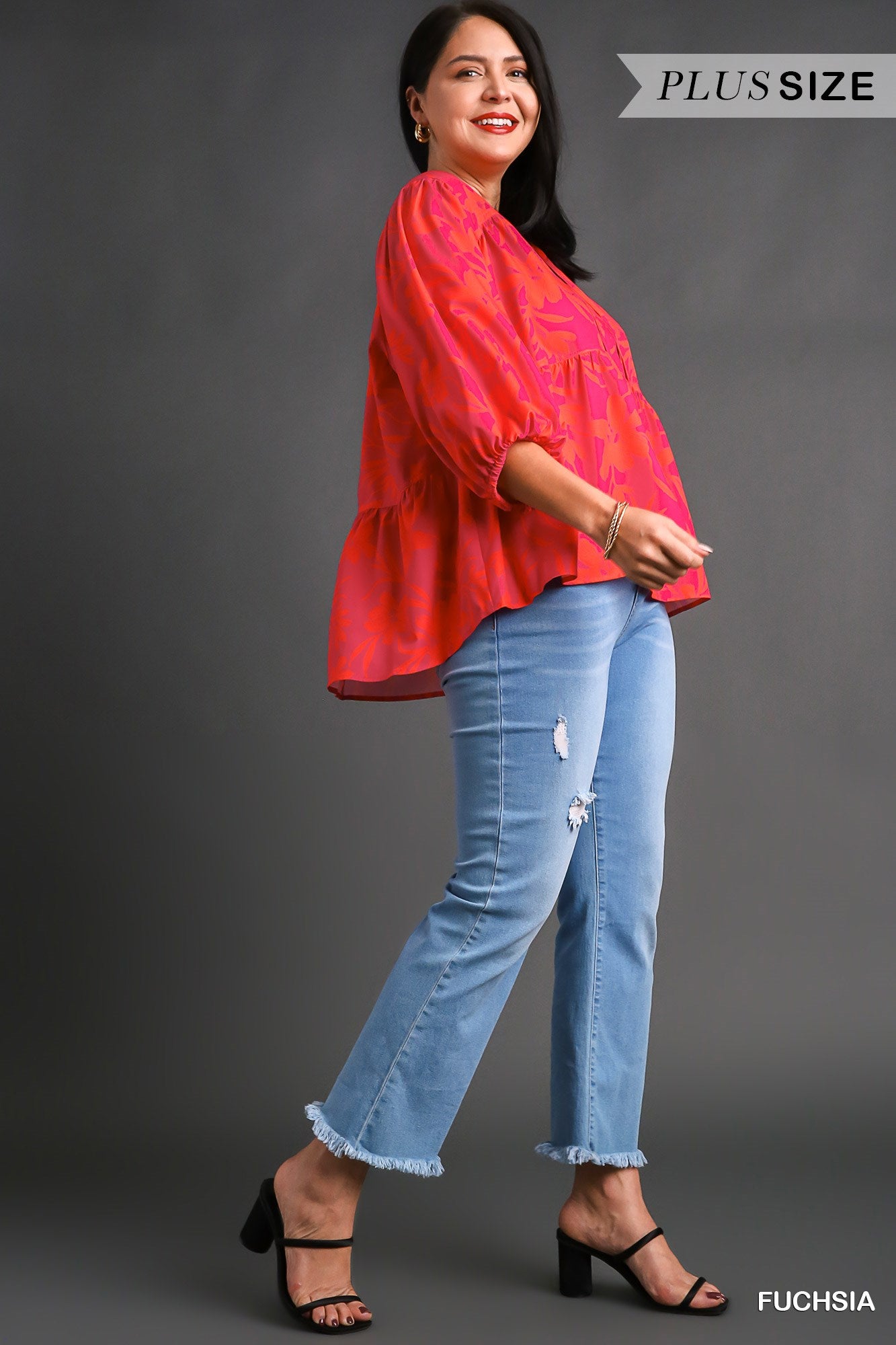 Umgee Plus Floral Print 3/4 Long Sleeve Drawstring Top