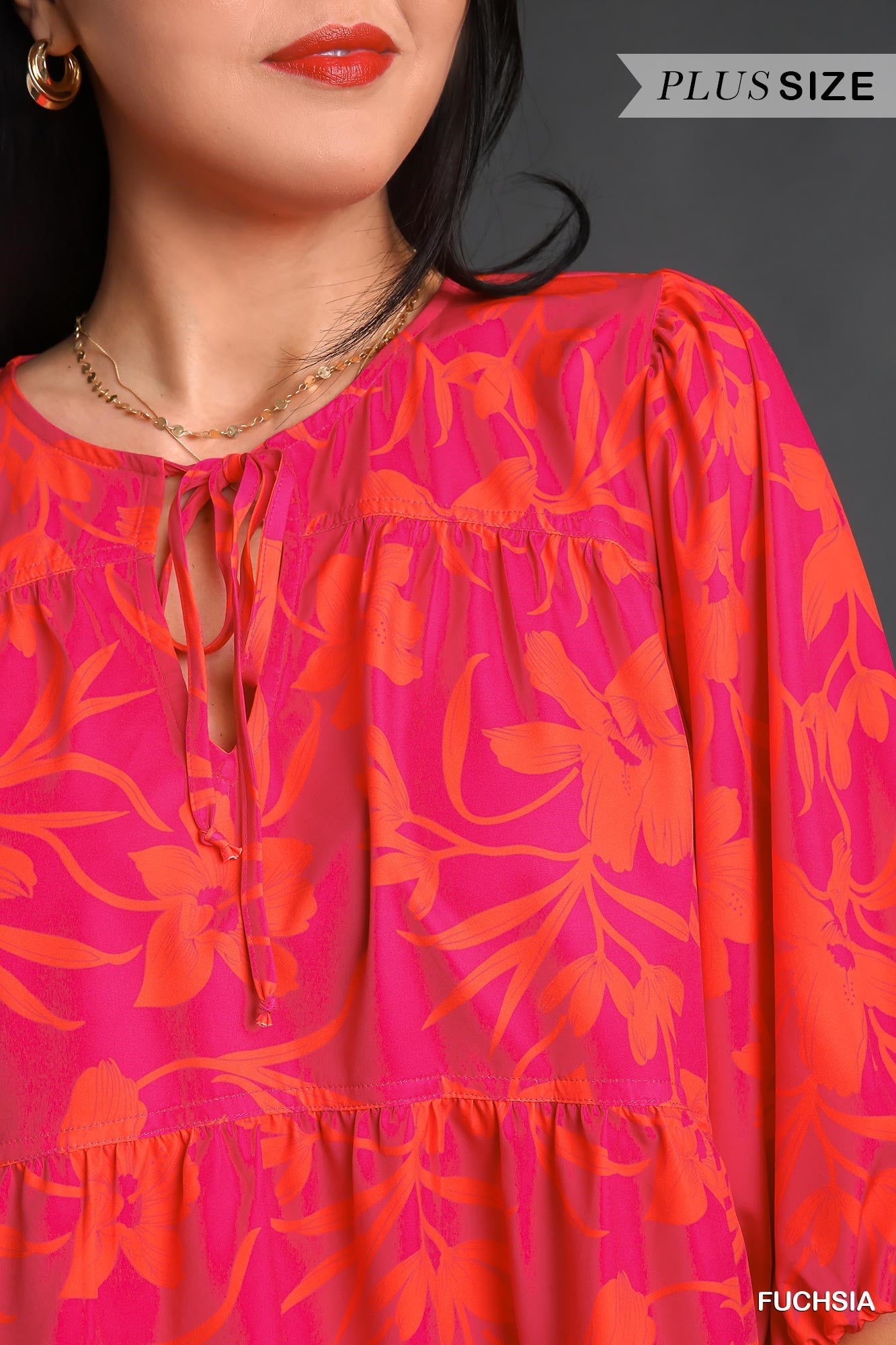 Umgee Plus Floral Print 3/4 Long Sleeve Drawstring Top