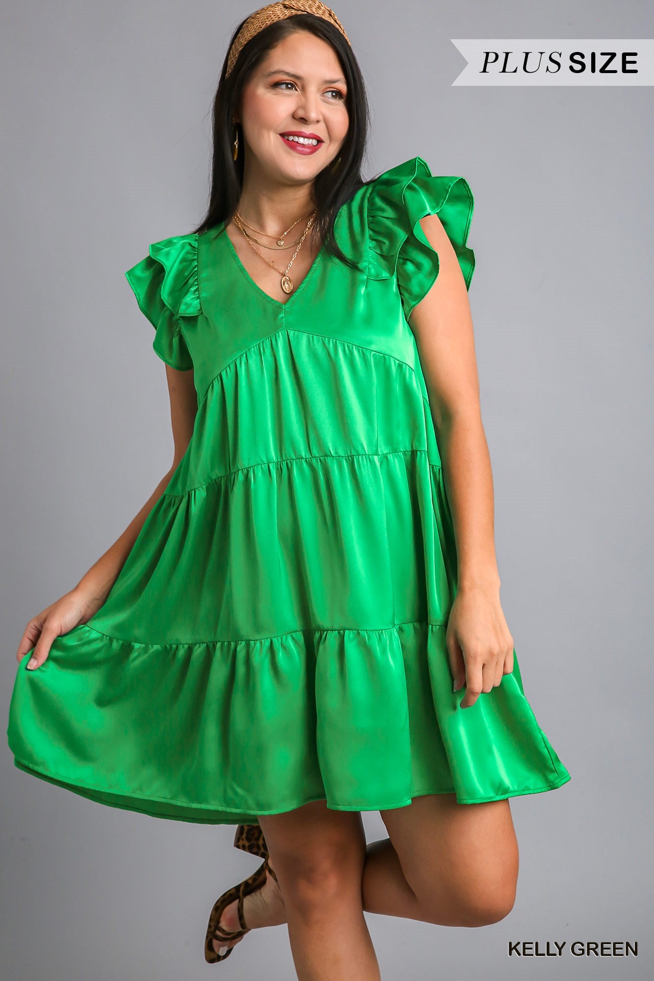 Umgee Plus Satin BabyDoll Tiered Ruffle Sleeves Dress