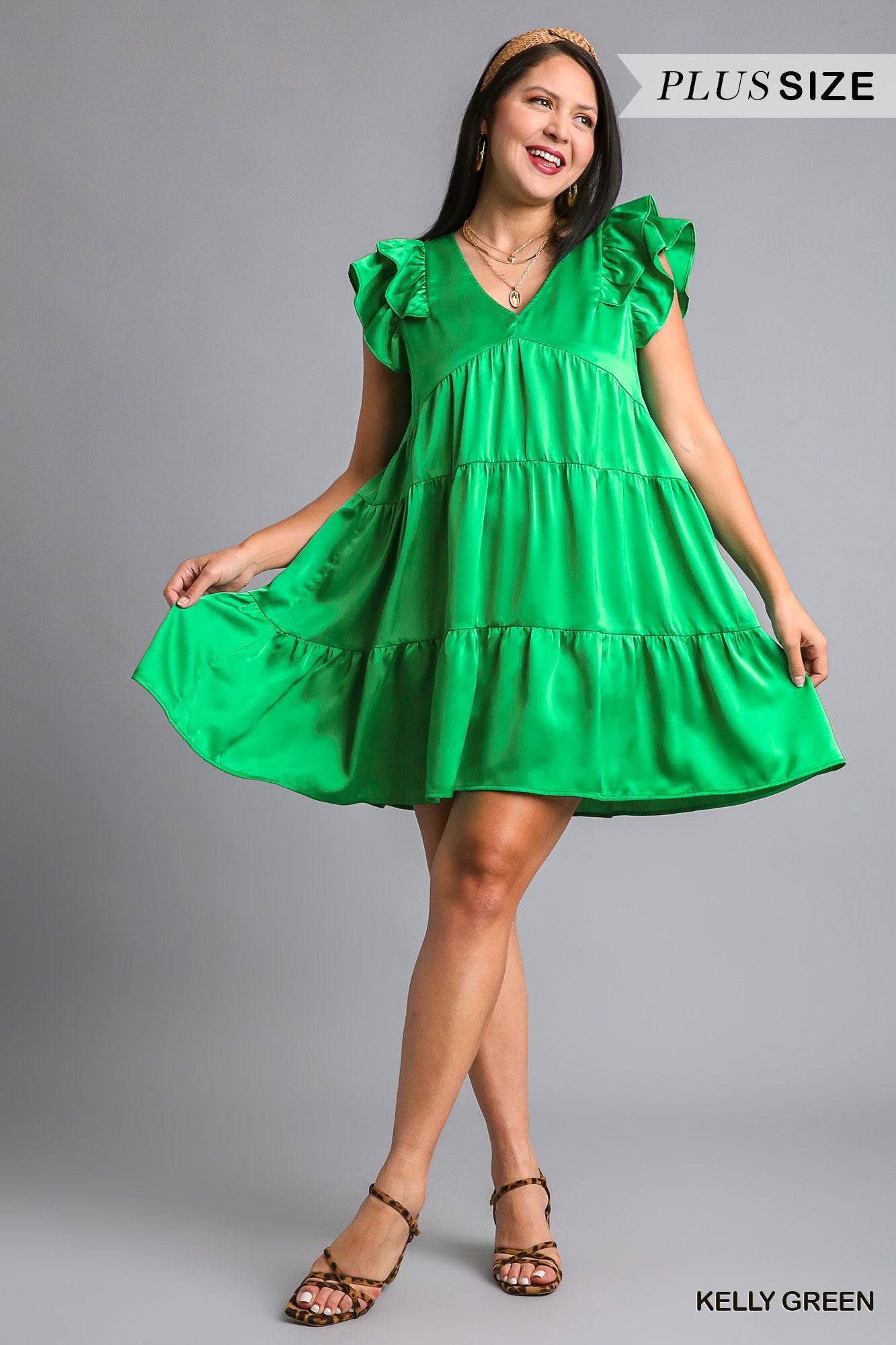 Umgee Plus Satin BabyDoll Tiered Ruffle Sleeves Dress