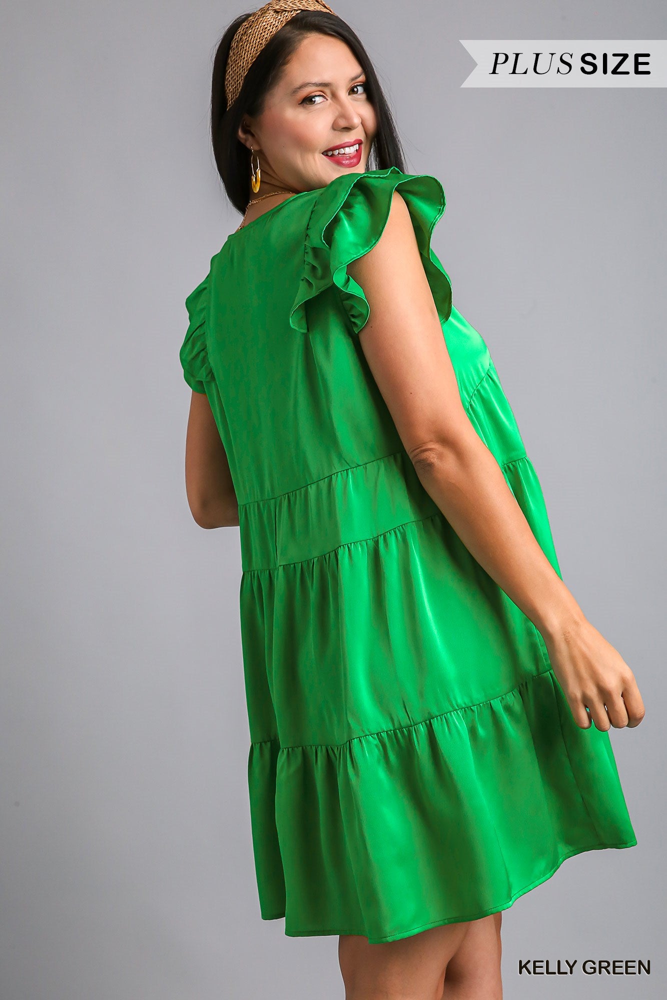 Umgee Plus Satin BabyDoll Tiered Ruffle Sleeves Dress