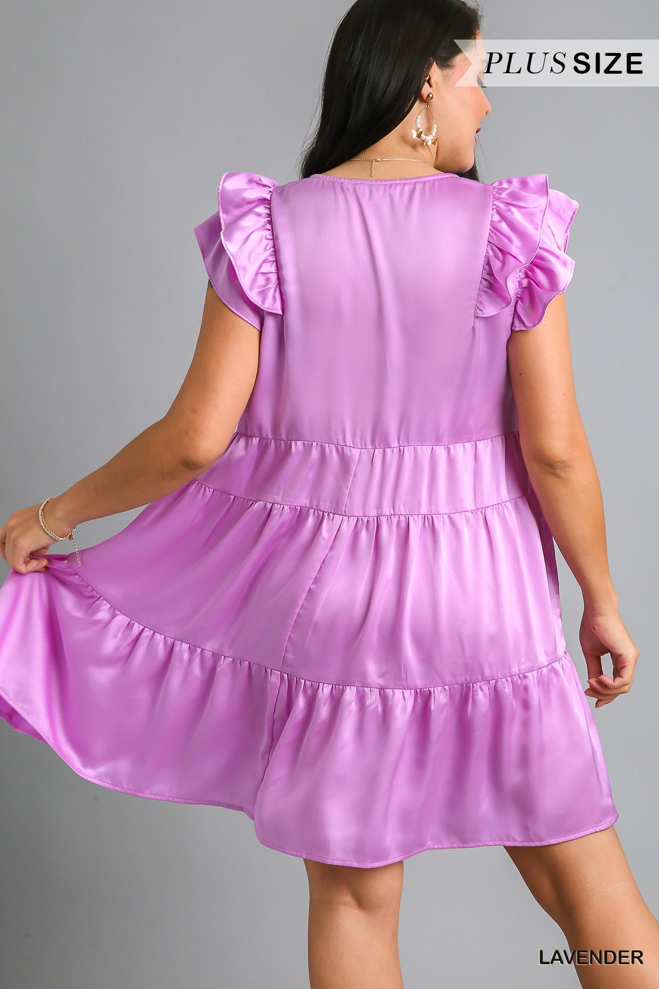 Umgee Plus Satin BabyDoll Tiered Ruffle Sleeves Dress