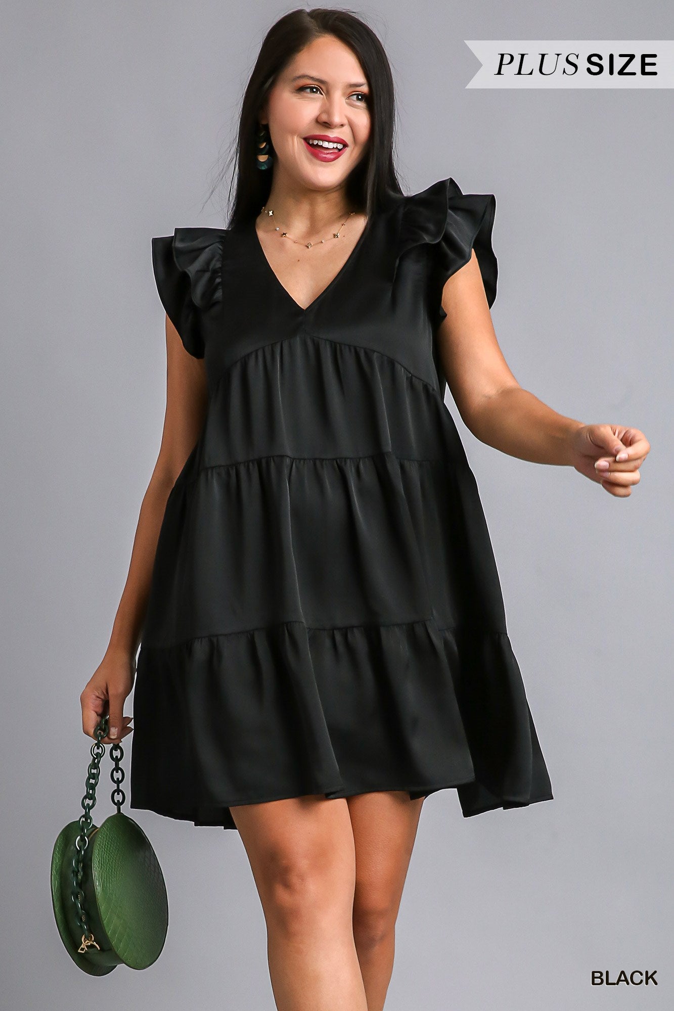 Umgee Plus Satin BabyDoll Tiered Ruffle Sleeves Dress