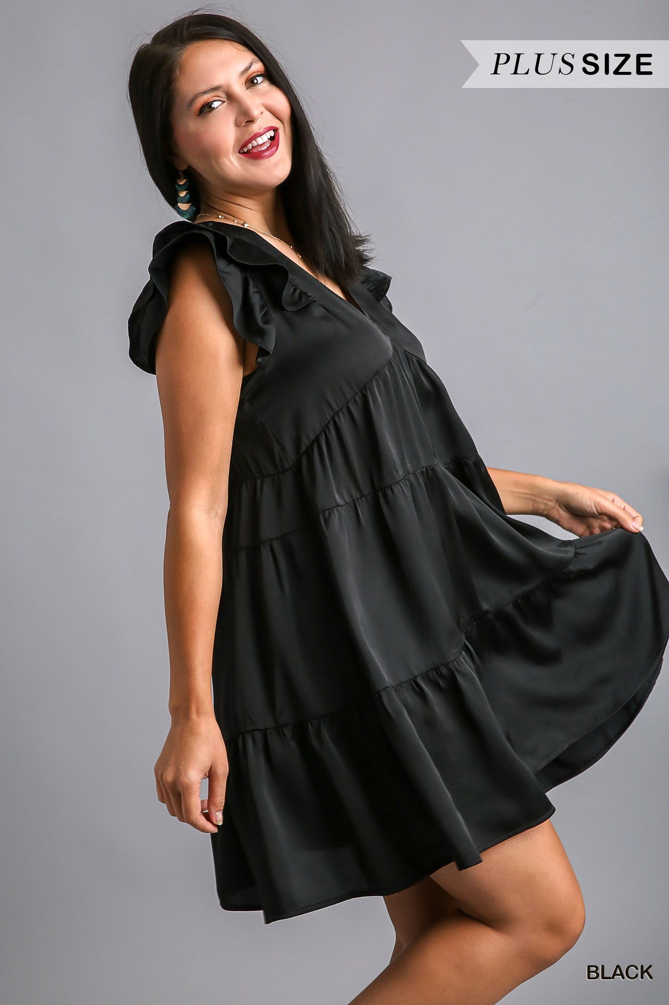 Umgee Plus Satin BabyDoll Tiered Ruffle Sleeves Dress