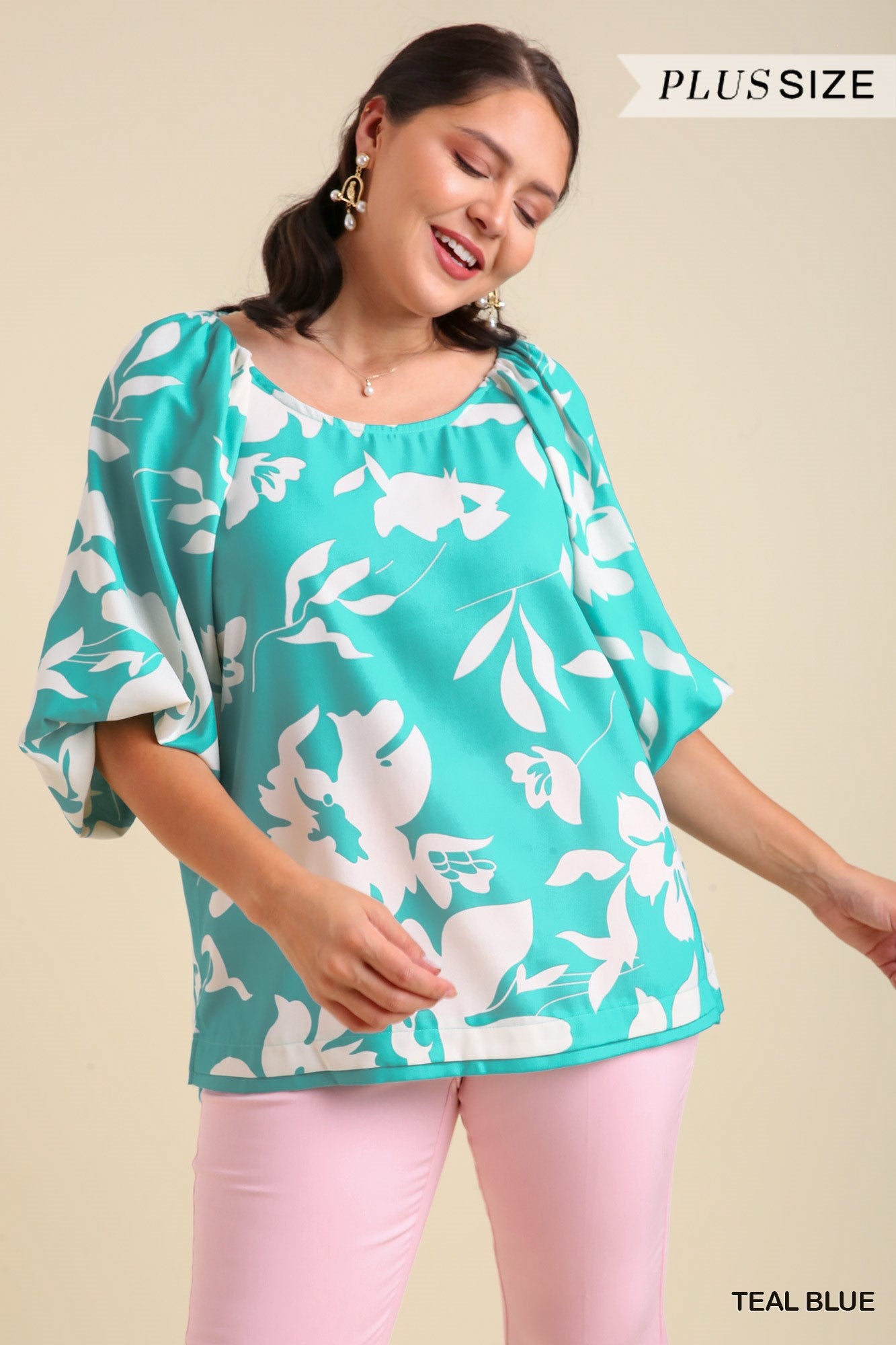 Umgee Plus Flower Print 3/4 Cuffed Long Sleeve Top