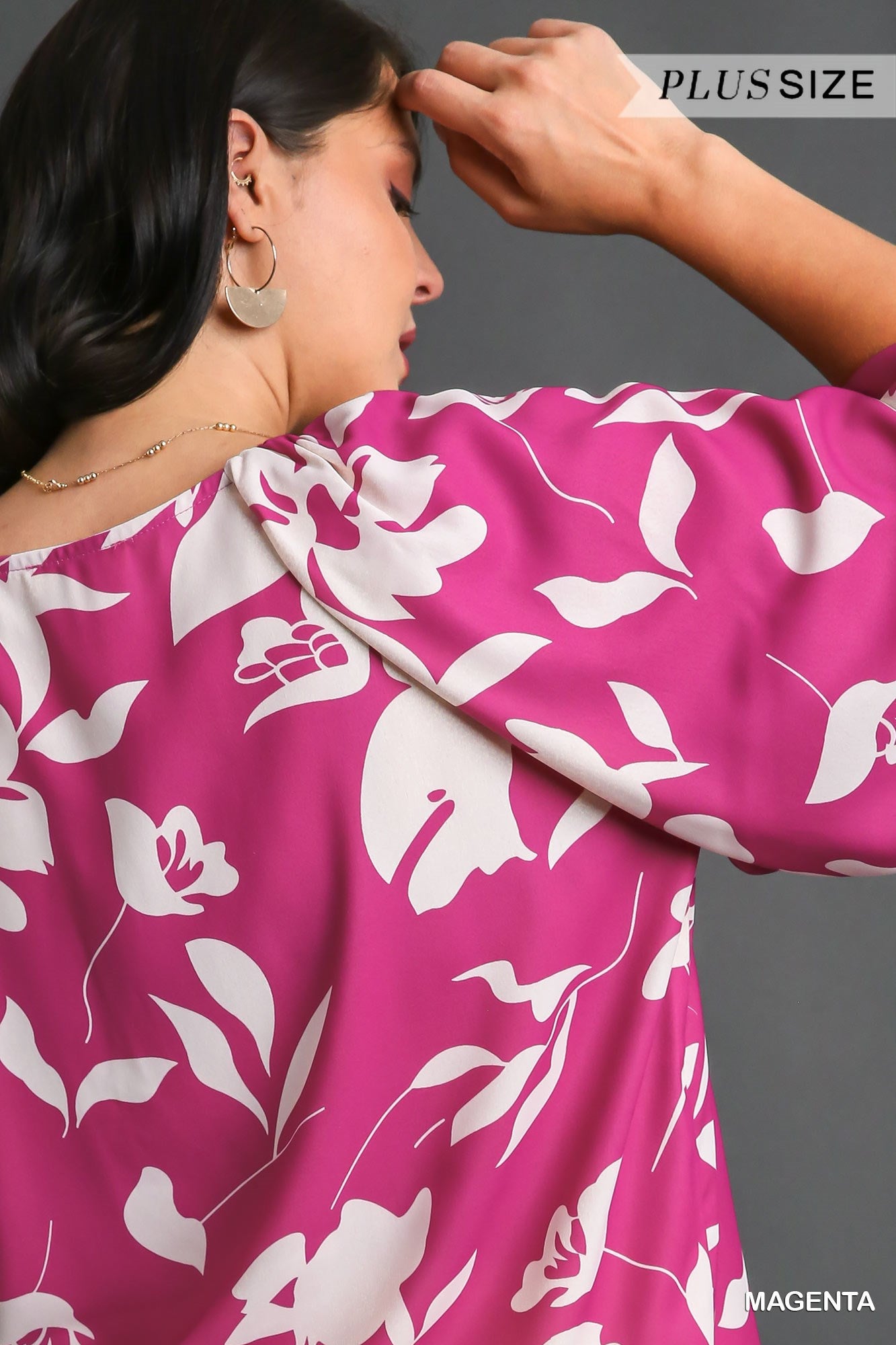 Umgee Plus Flower Print 3/4 Cuffed Long Sleeve Top