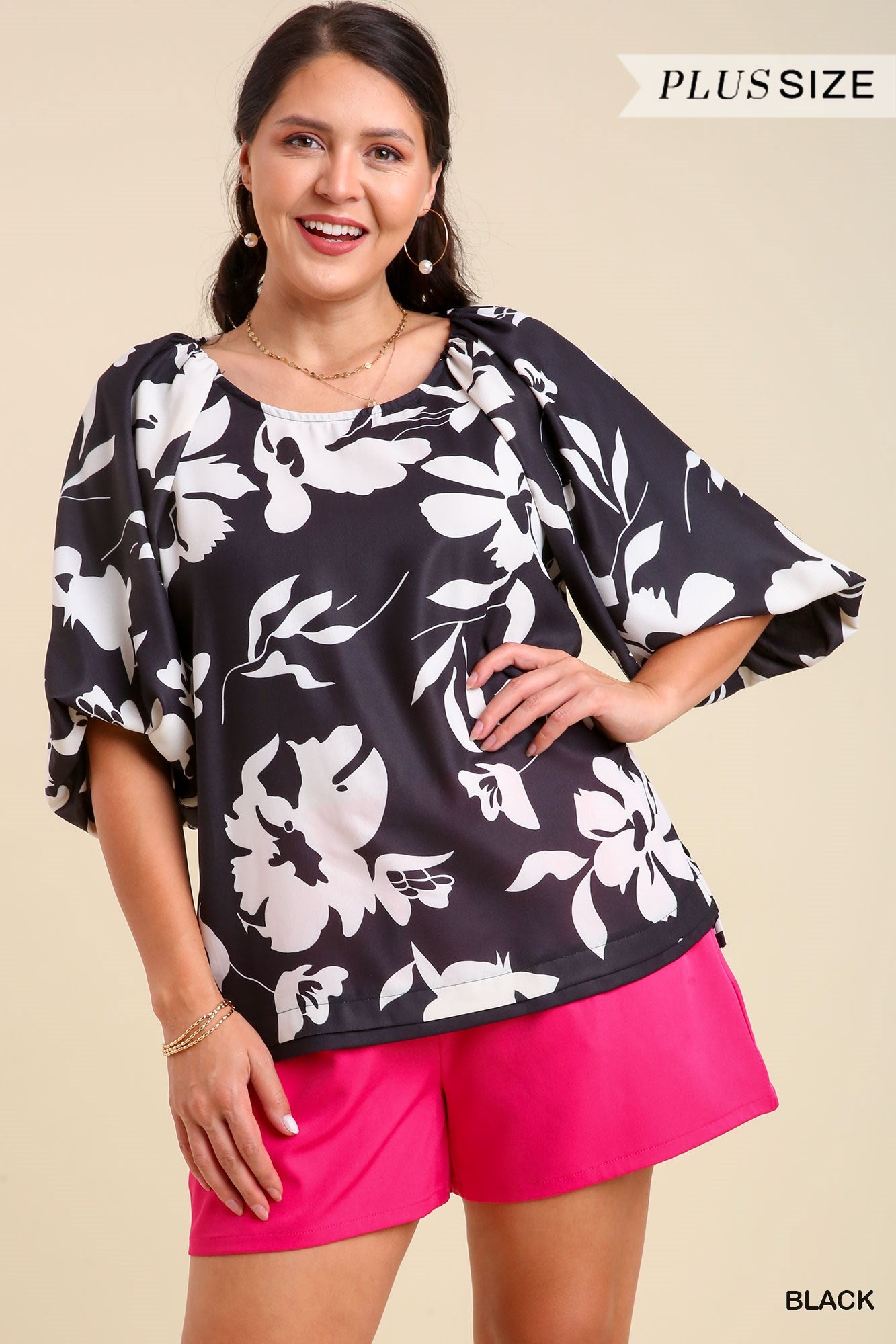 Umgee Plus Flower Print 3/4 Cuffed Long Sleeve Top
