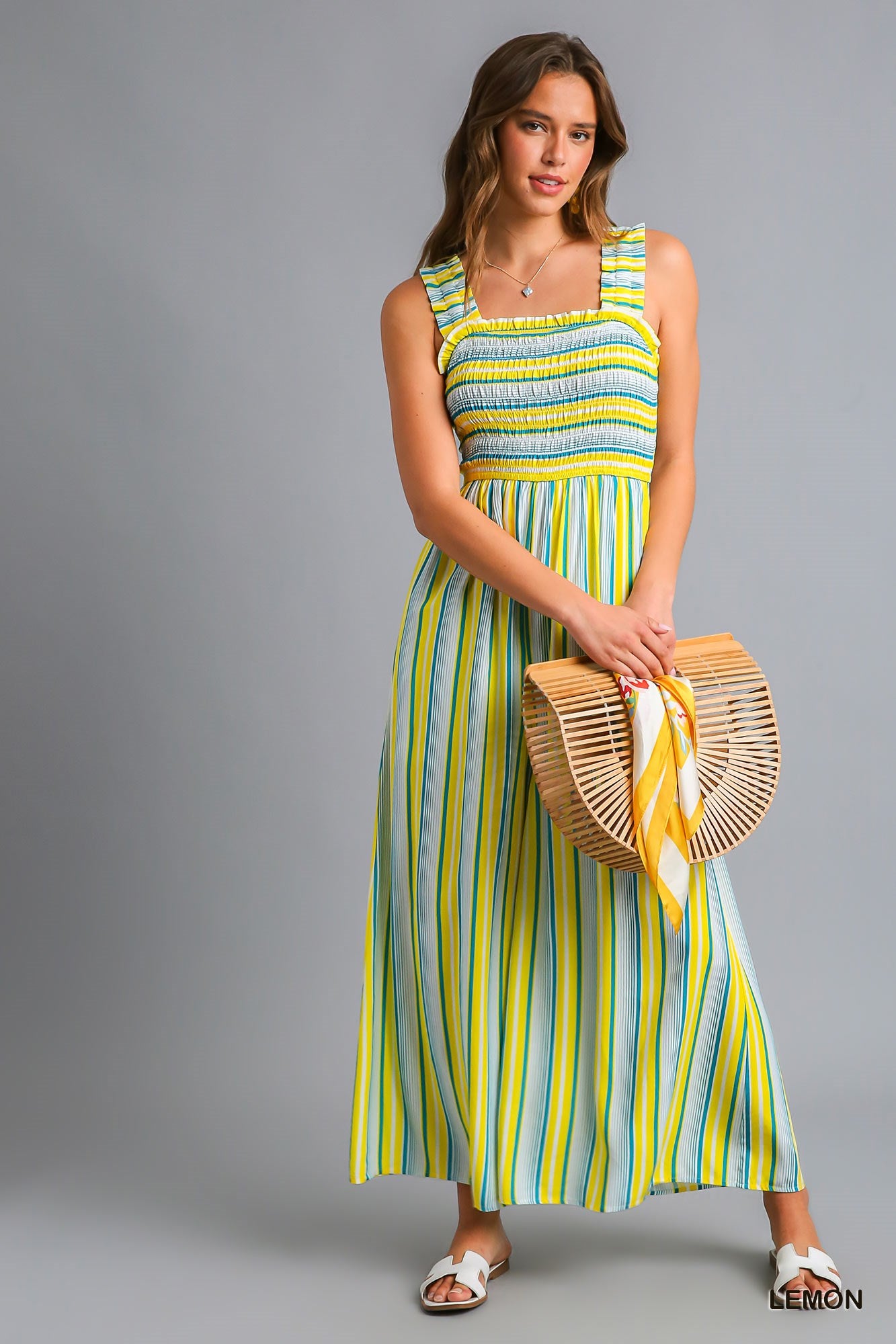 Umgee Smocked Detailed Wide Bottom Elastic Shoulder Strap Jumpsuit