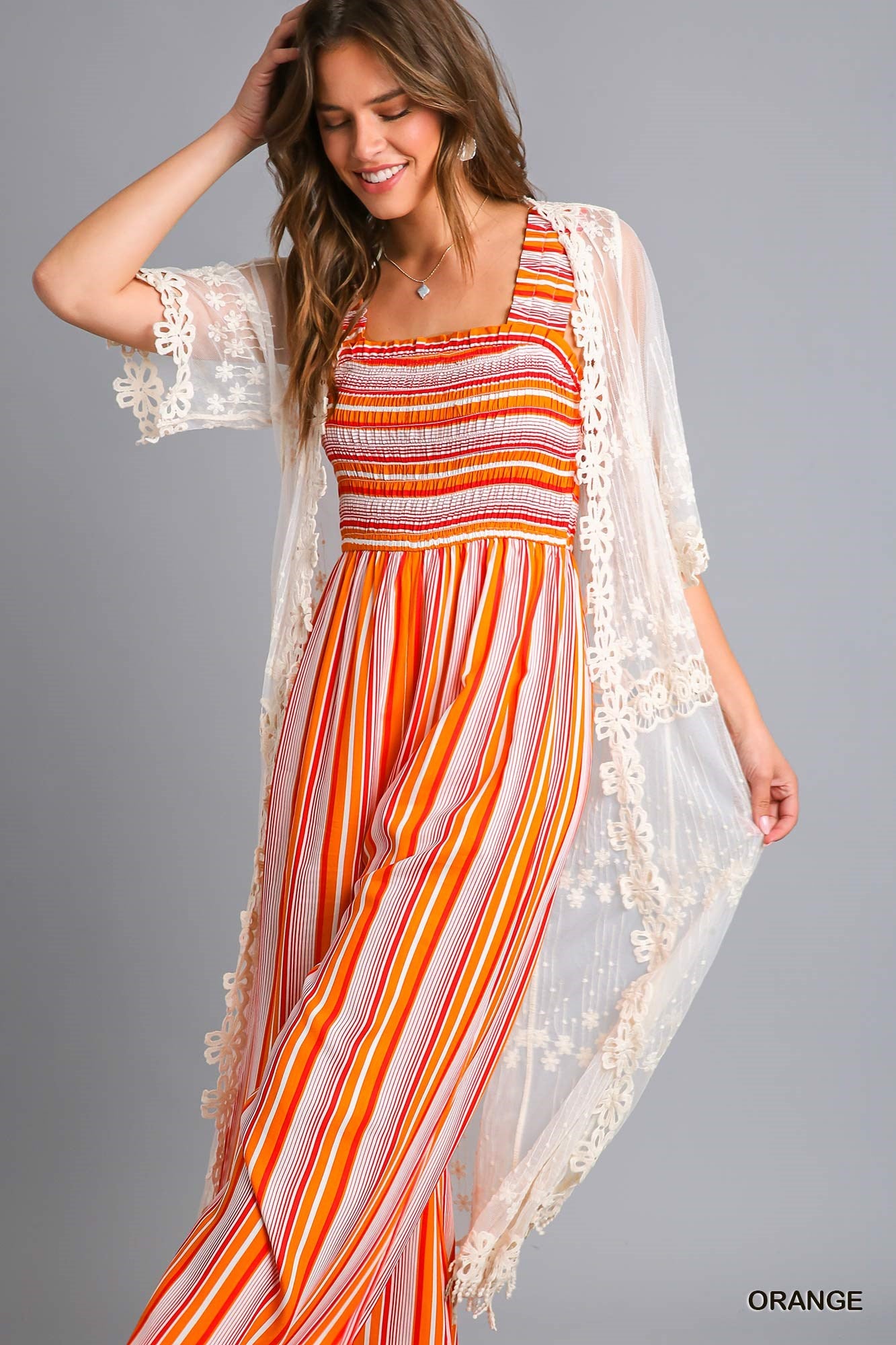 Umgee Smocked Detailed Wide Bottom Elastic Shoulder Strap Jumpsuit