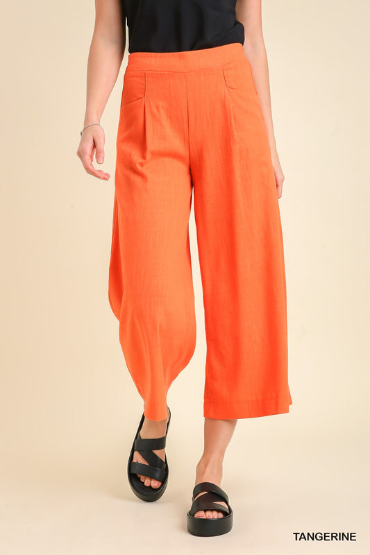 Umgee Linen Blend Elastic Waist Pockets Pants