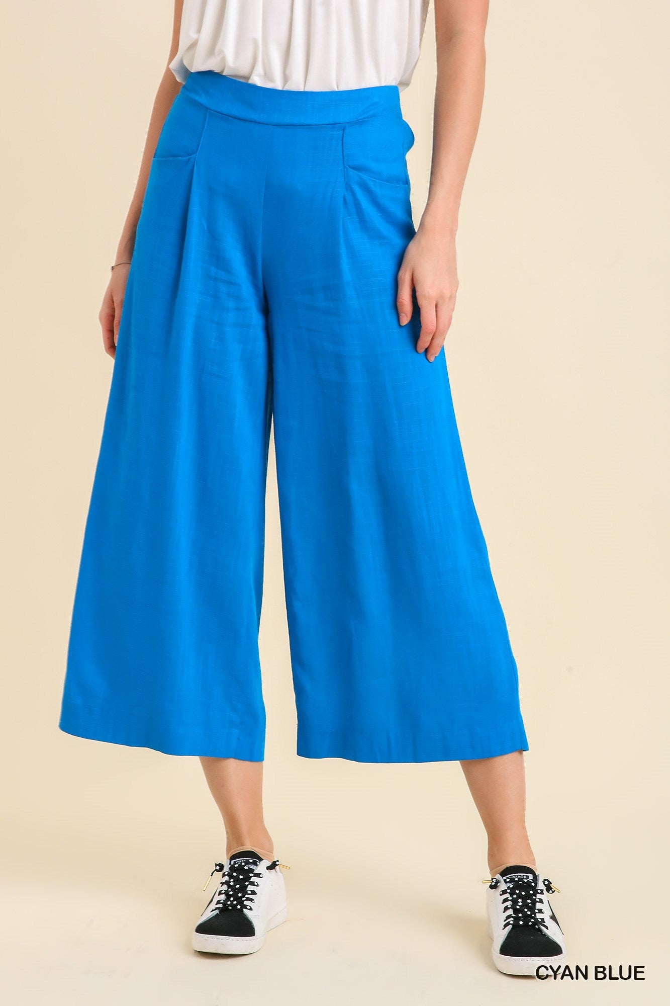 Umgee Linen Blend Elastic Waist Pockets Pants