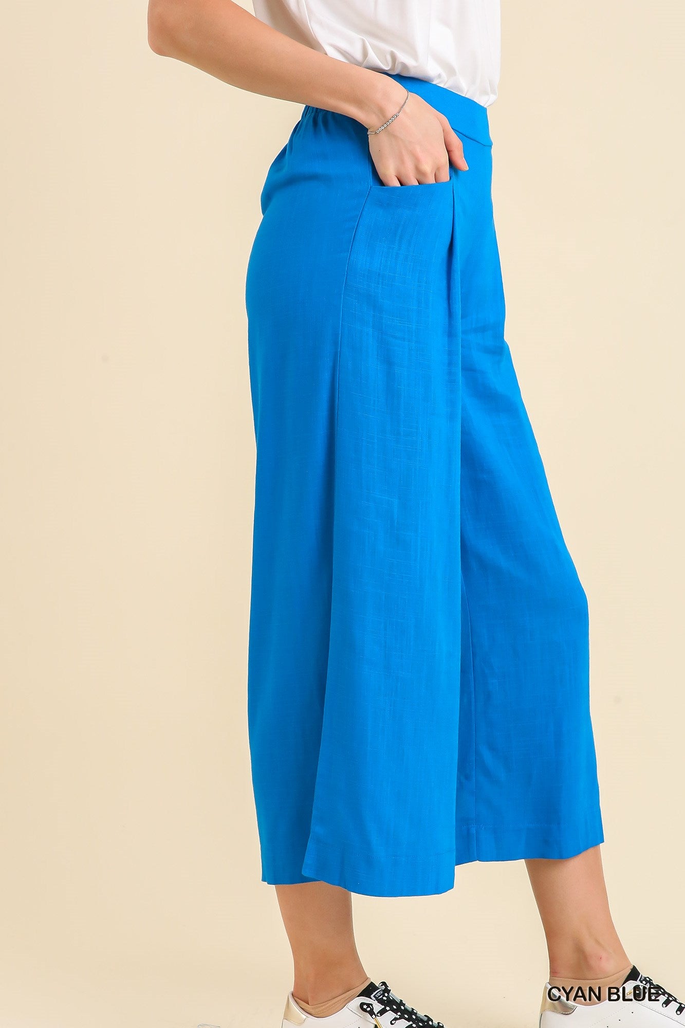 Umgee Linen Blend Elastic Waist Pockets Pants
