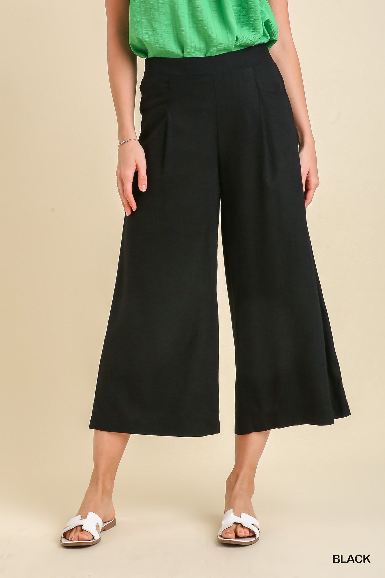 Umgee Linen Blend Elastic Waist Pockets Pants