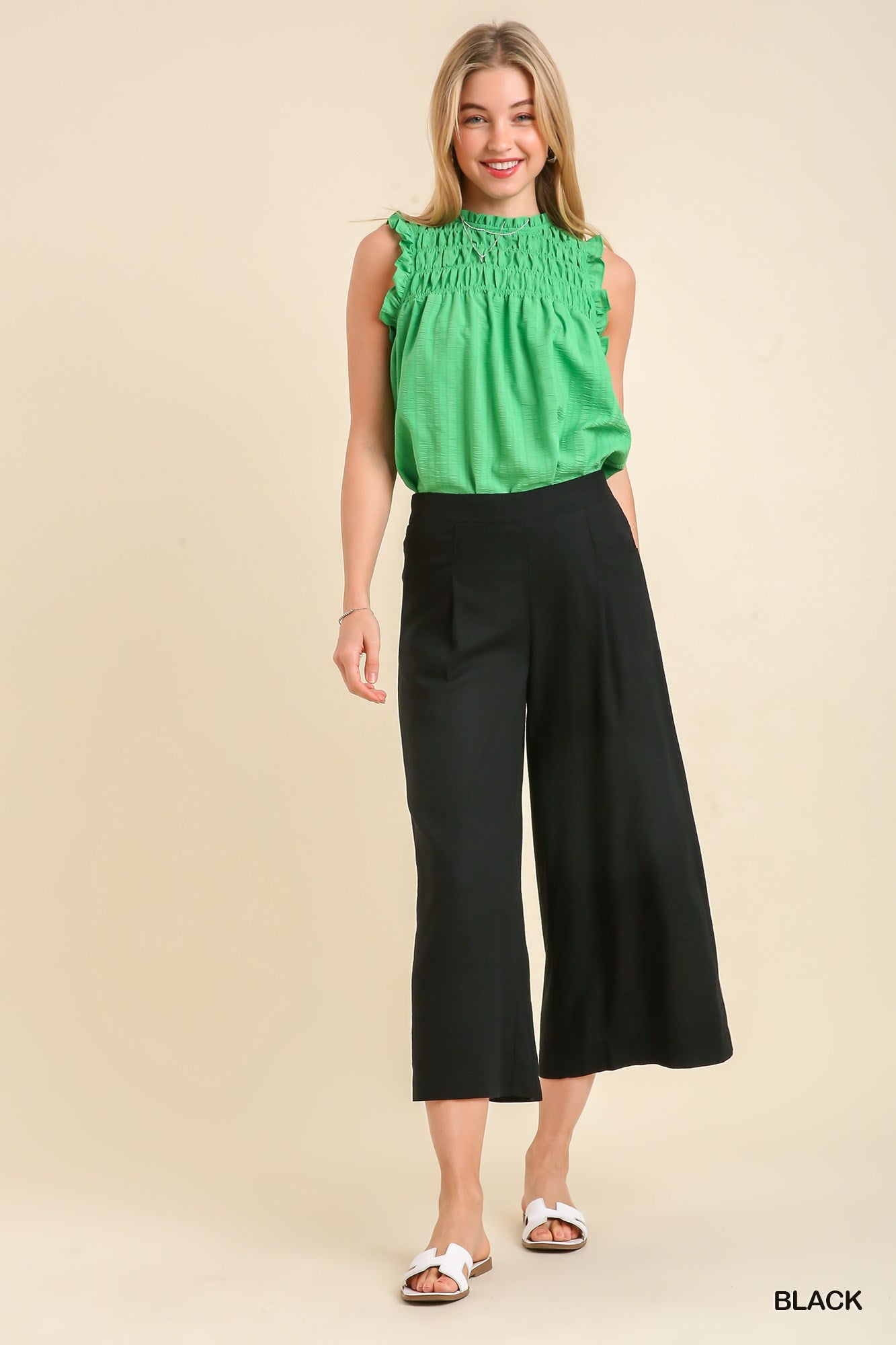 Umgee Linen Blend Elastic Waist Pockets Pants