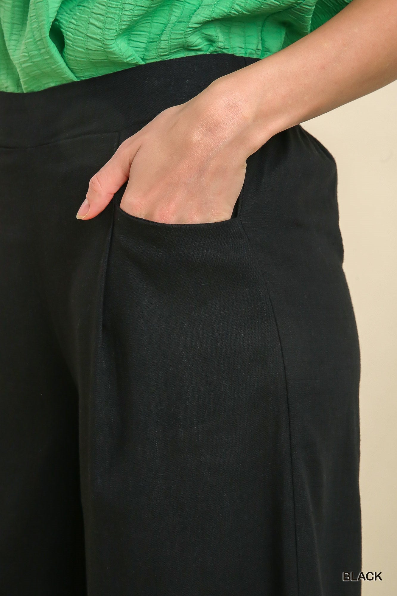 Umgee Linen Blend Elastic Waist Pockets Pants