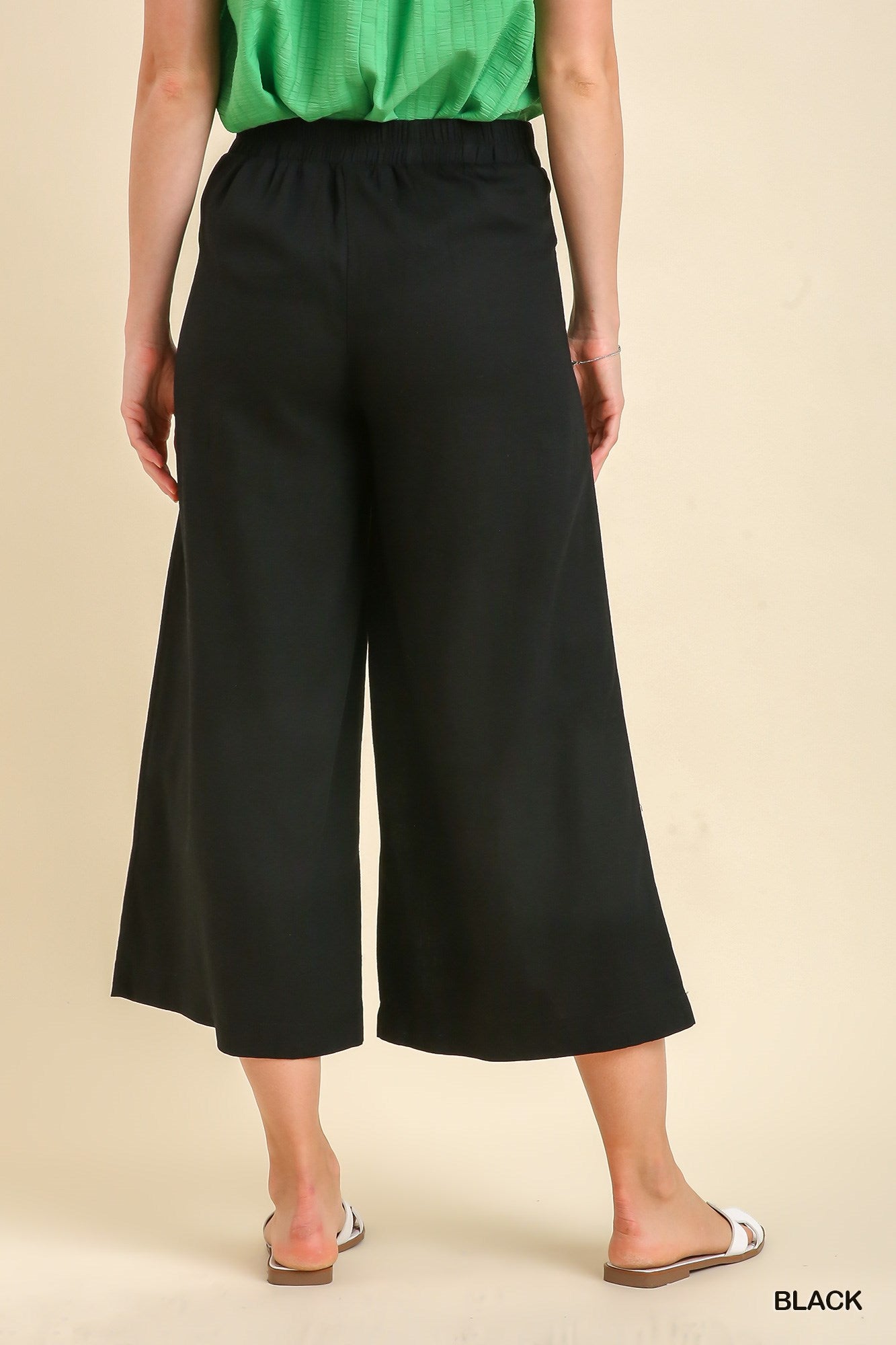 Umgee Linen Blend Elastic Waist Pockets Pants
