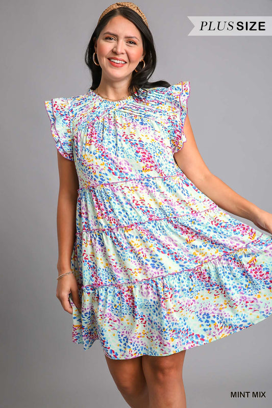 Umgee Plus Pin-Tuck Ruffle Flutter Sleeve Mixed Print Keyhole Dress