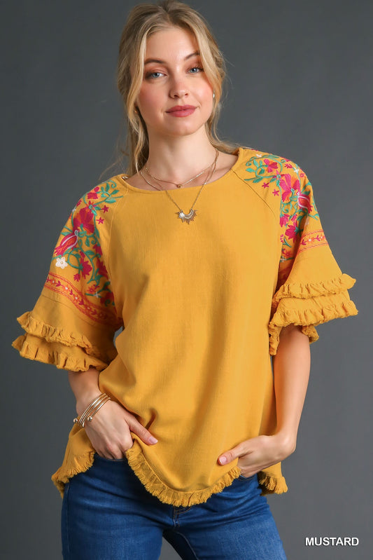 Umgee Embroidery Sleeve & Unfinished Frayed Hem Linen Blend Top - Roulhac Fashion Boutique