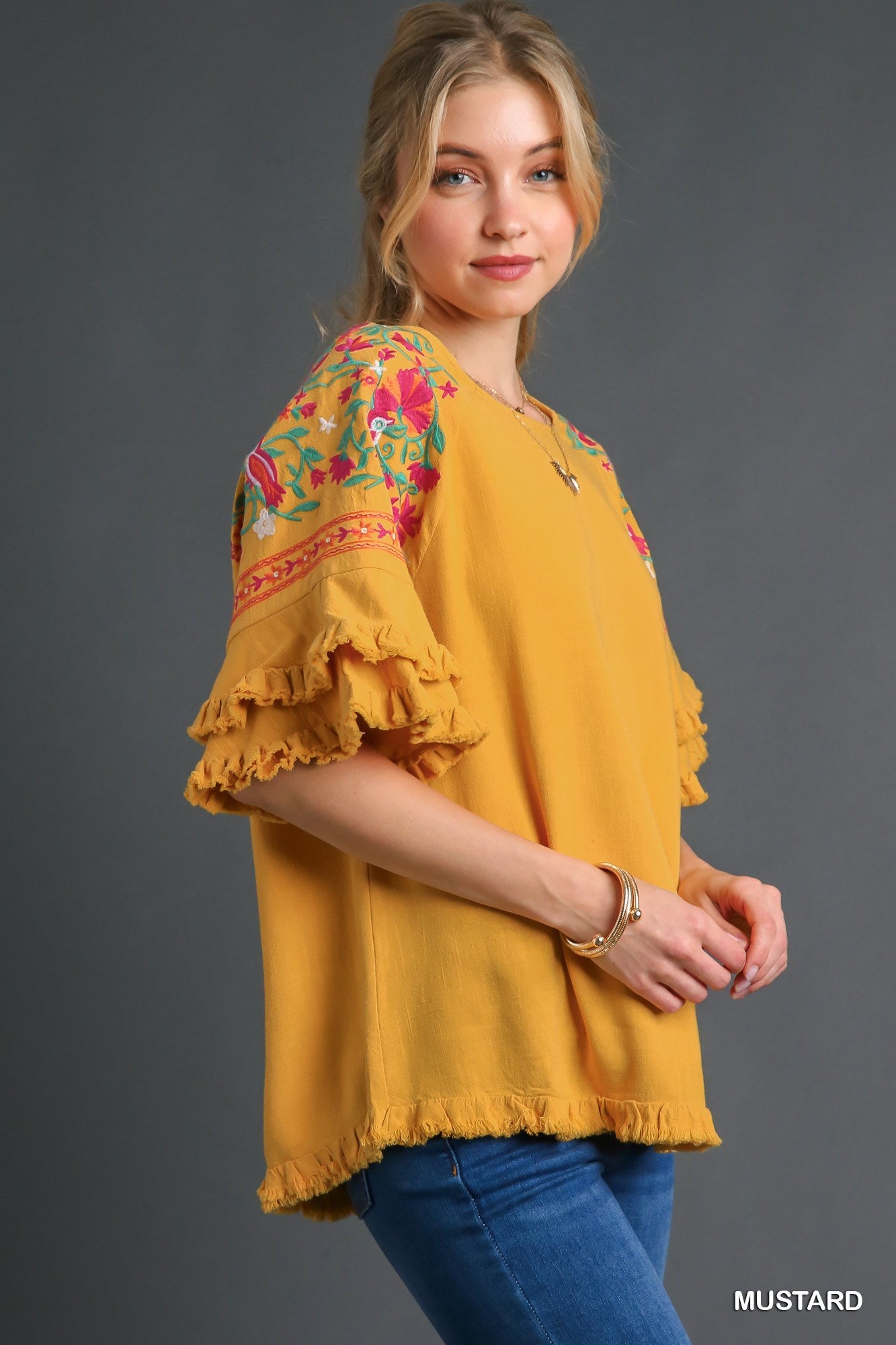 Umgee Embroidery Sleeve & Unfinished Frayed Hem Linen Blend Top - Roulhac Fashion Boutique