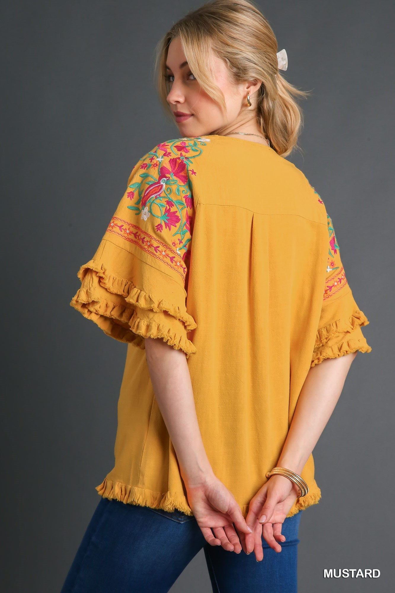 Umgee Embroidery Sleeve & Unfinished Frayed Hem Linen Blend Top - Roulhac Fashion Boutique