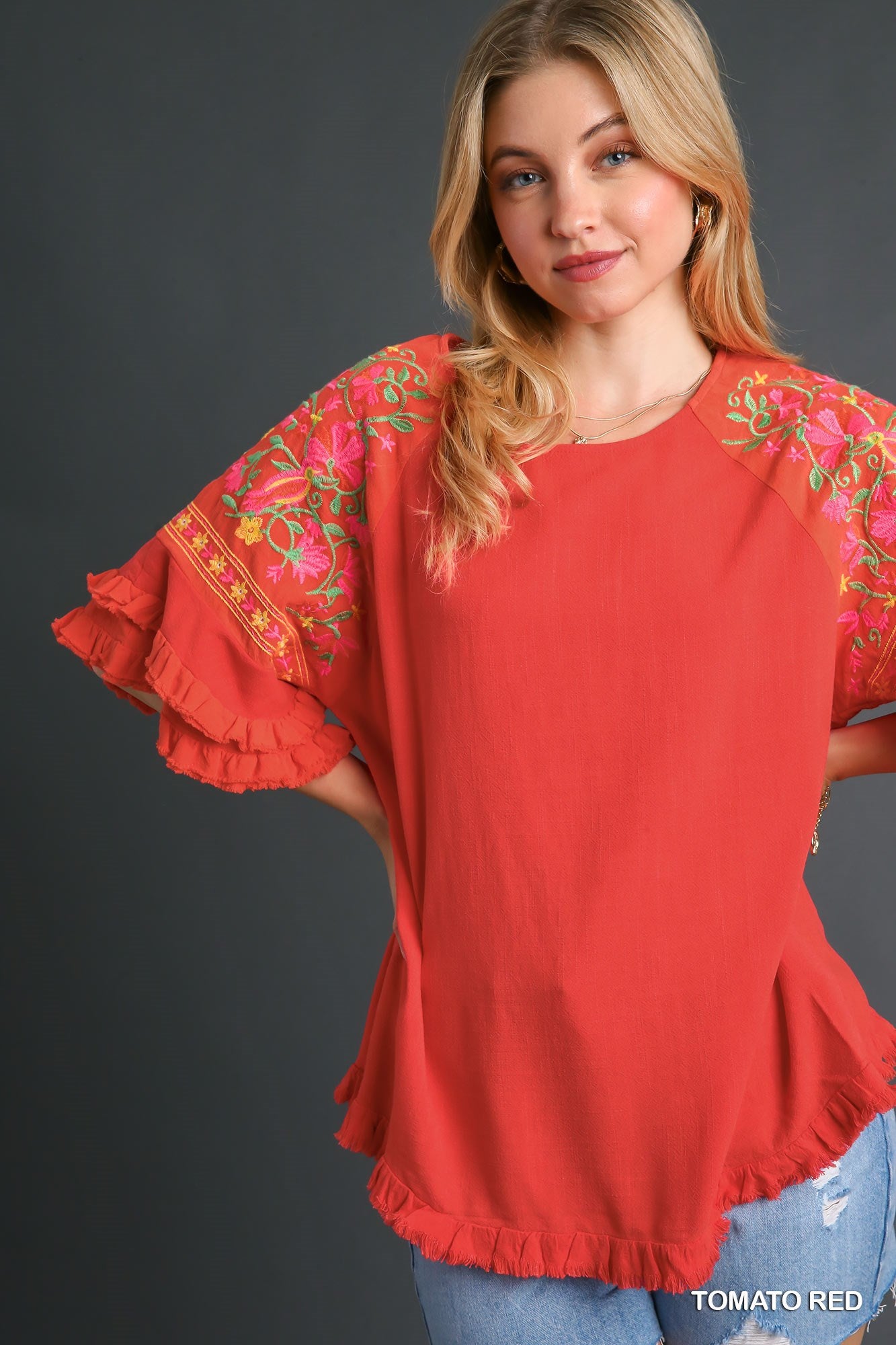 Umgee Embroidery Sleeve & Unfinished Frayed Hem Linen Blend Top - Roulhac Fashion Boutique