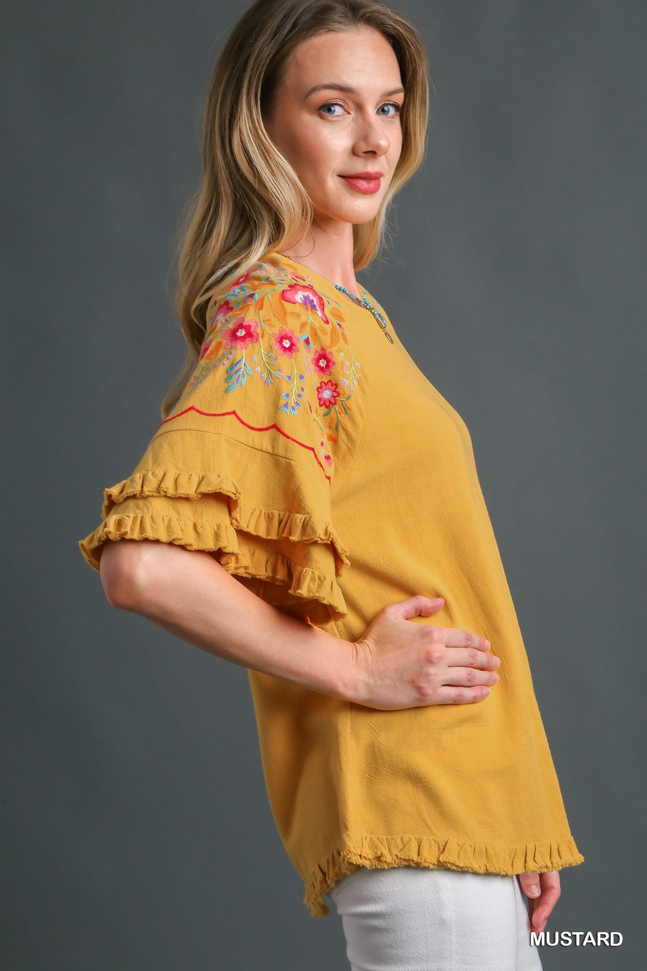 Umgee Embroidery Bell Sleeve Unfinished Frayed Hem Linen Blend Top - Roulhac Fashion Boutique