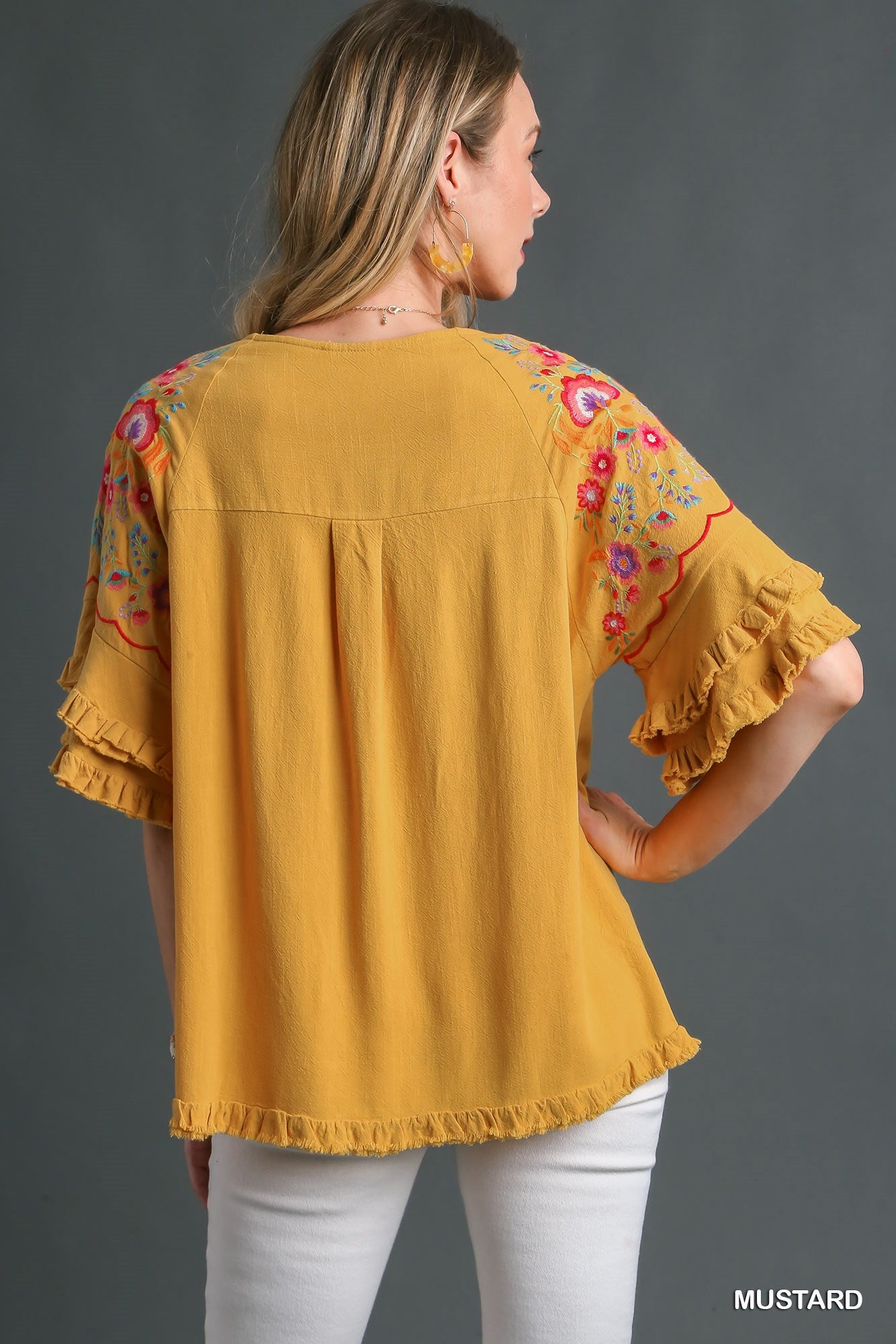 Umgee Embroidery Bell Sleeve Unfinished Frayed Hem Linen Blend Top - Roulhac Fashion Boutique