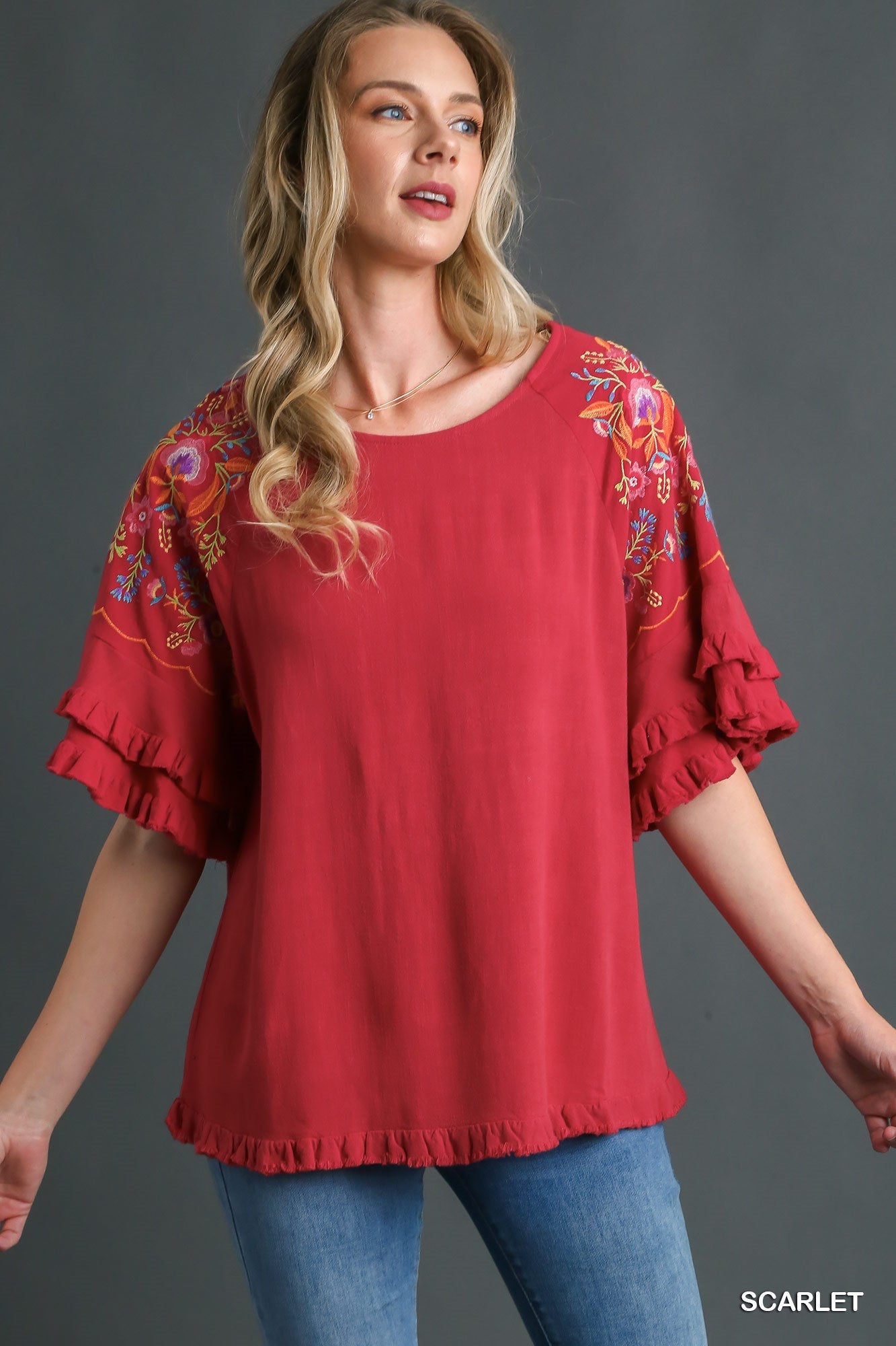 Umgee Embroidery Bell Sleeve Unfinished Frayed Hem Linen Blend Top - Roulhac Fashion Boutique