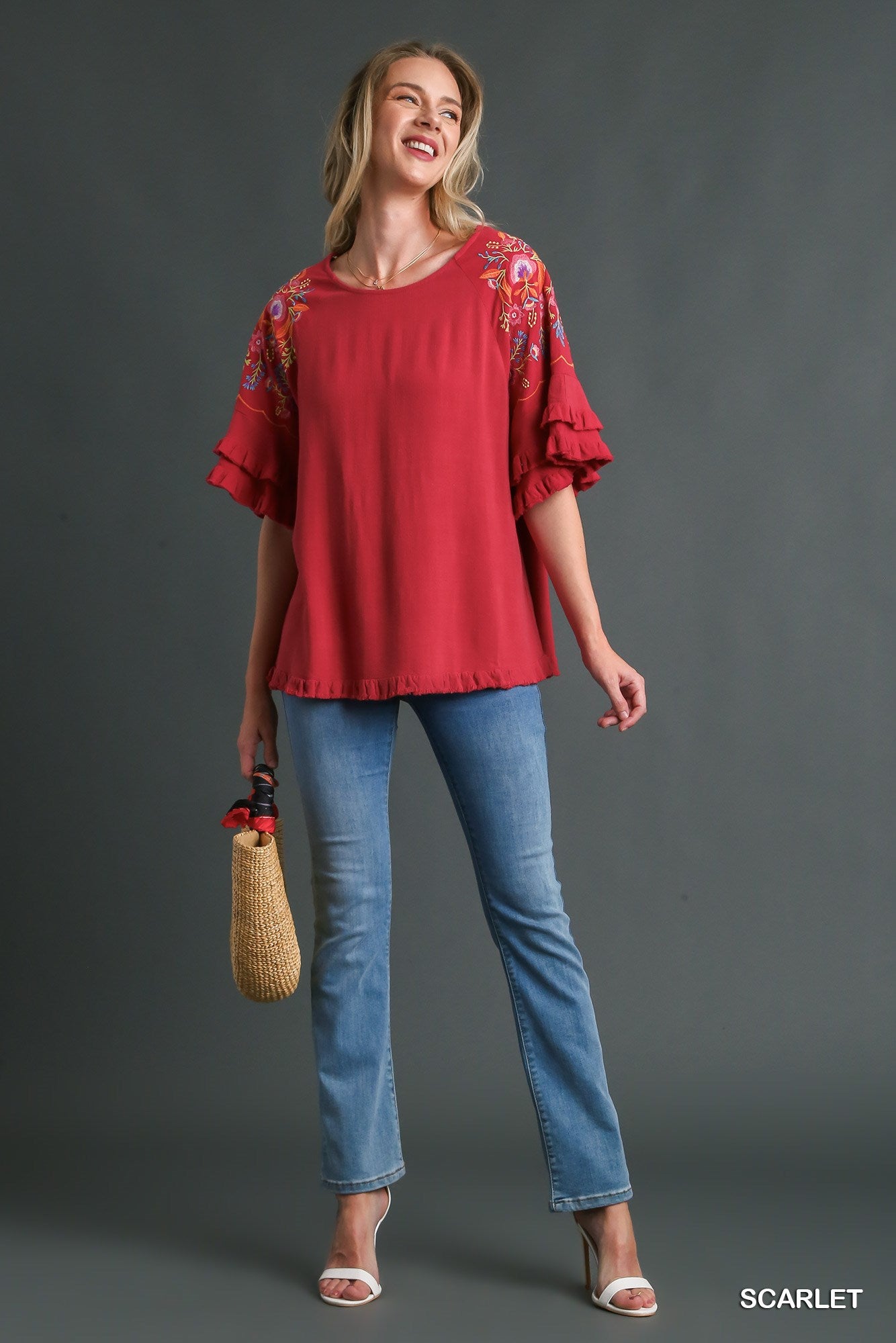 Umgee Embroidery Bell Sleeve Unfinished Frayed Hem Linen Blend Top - Roulhac Fashion Boutique