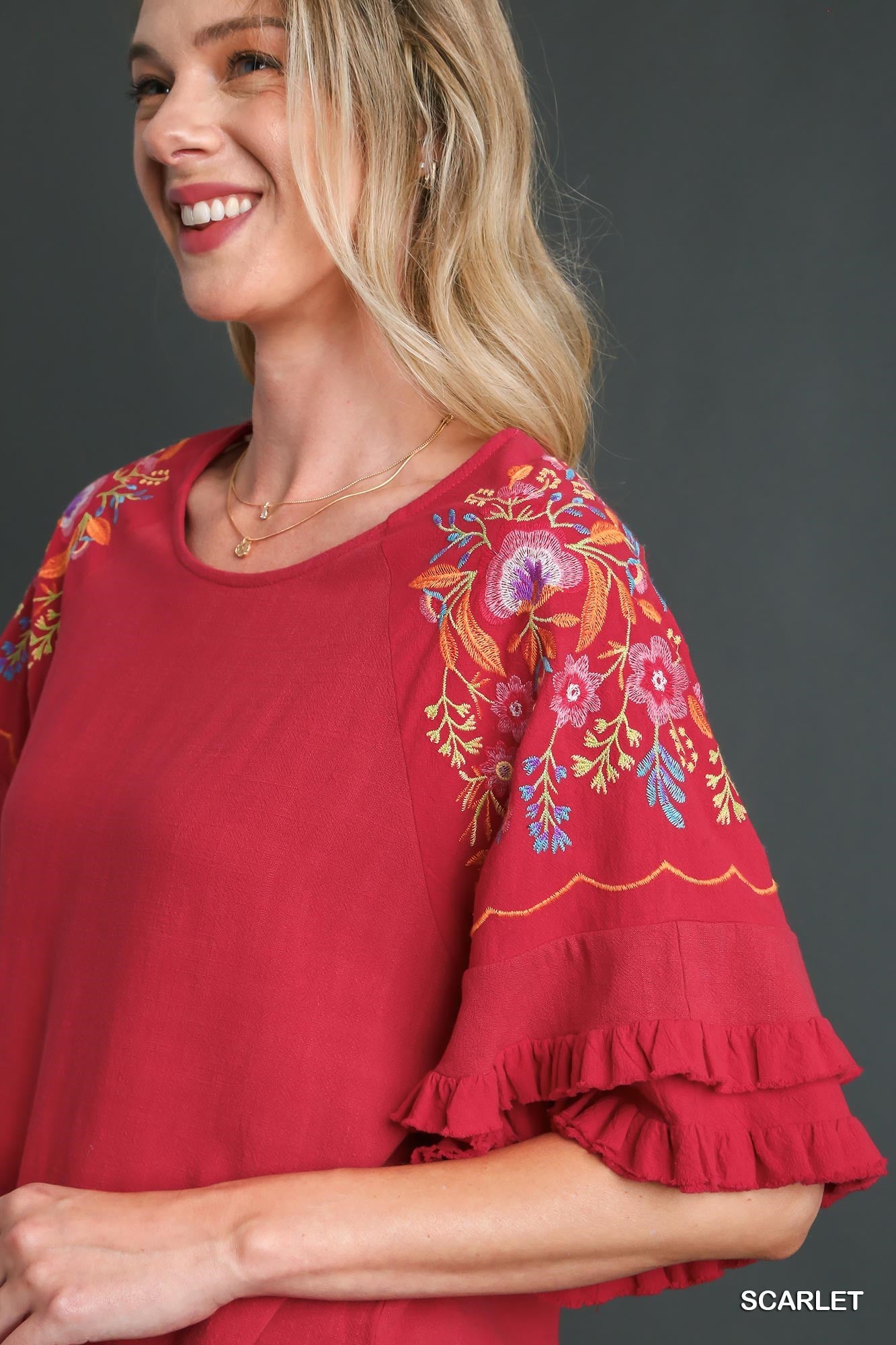 Umgee Embroidery Bell Sleeve Unfinished Frayed Hem Linen Blend Top - Roulhac Fashion Boutique