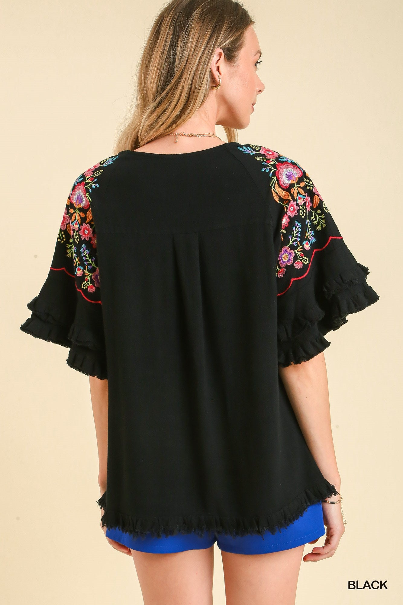 Umgee Embroidery Bell Sleeve Unfinished Frayed Hem Linen Blend Top