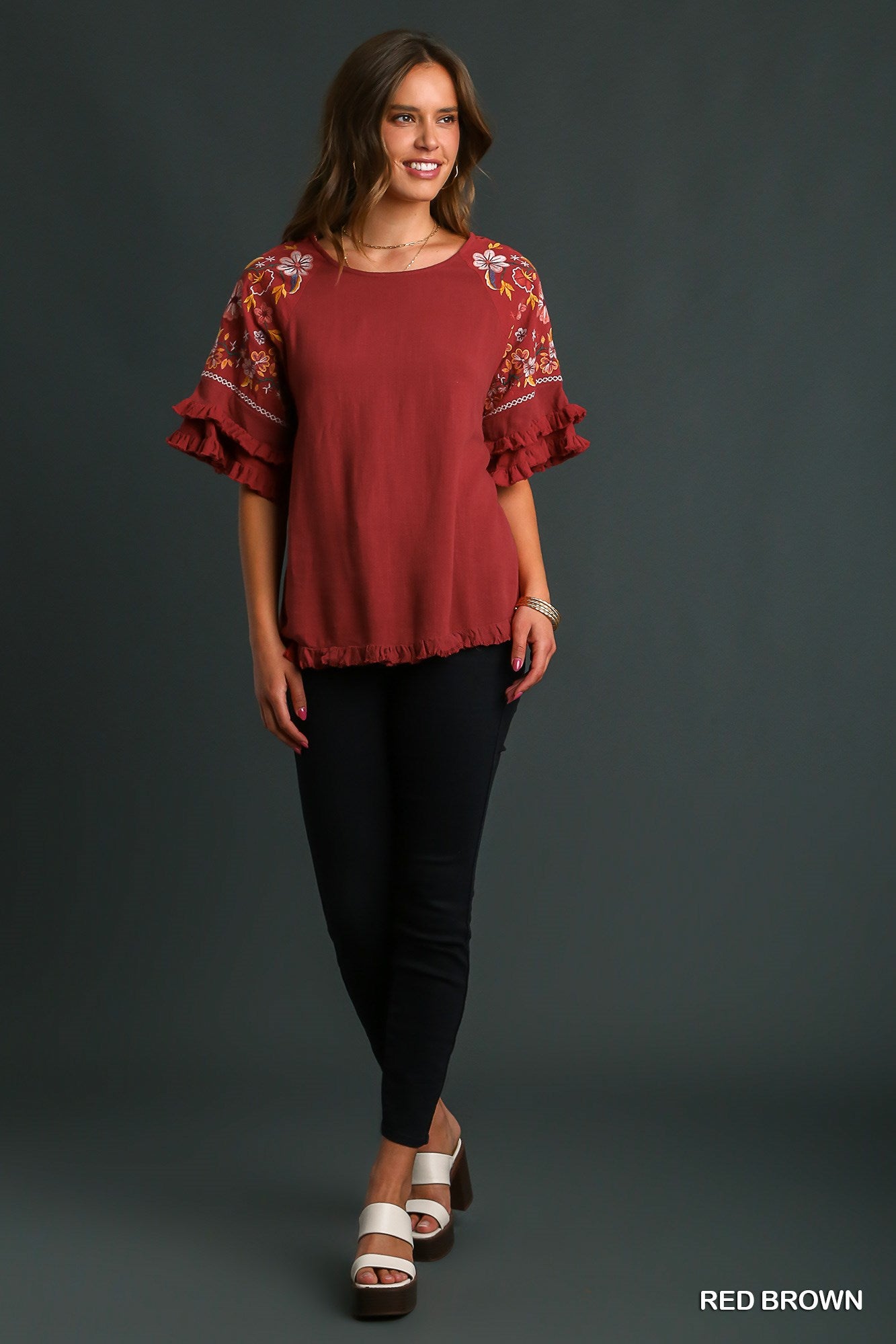 Umgee Embroidery Bell Sleeve Linen Blend Unfinished Frayed Hem Top - Roulhac Fashion Boutique