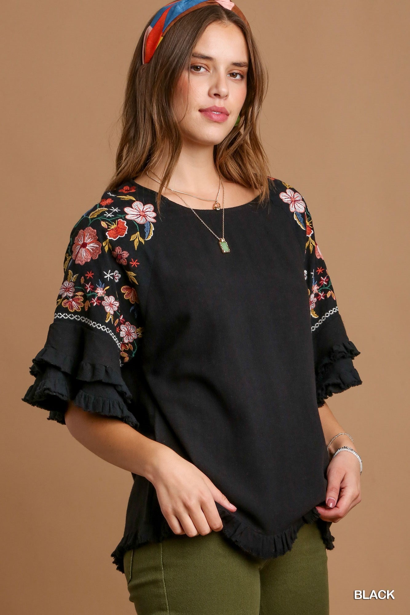 Umgee Embroidery Bell Sleeve Linen Blend Unfinished Frayed Hem Top