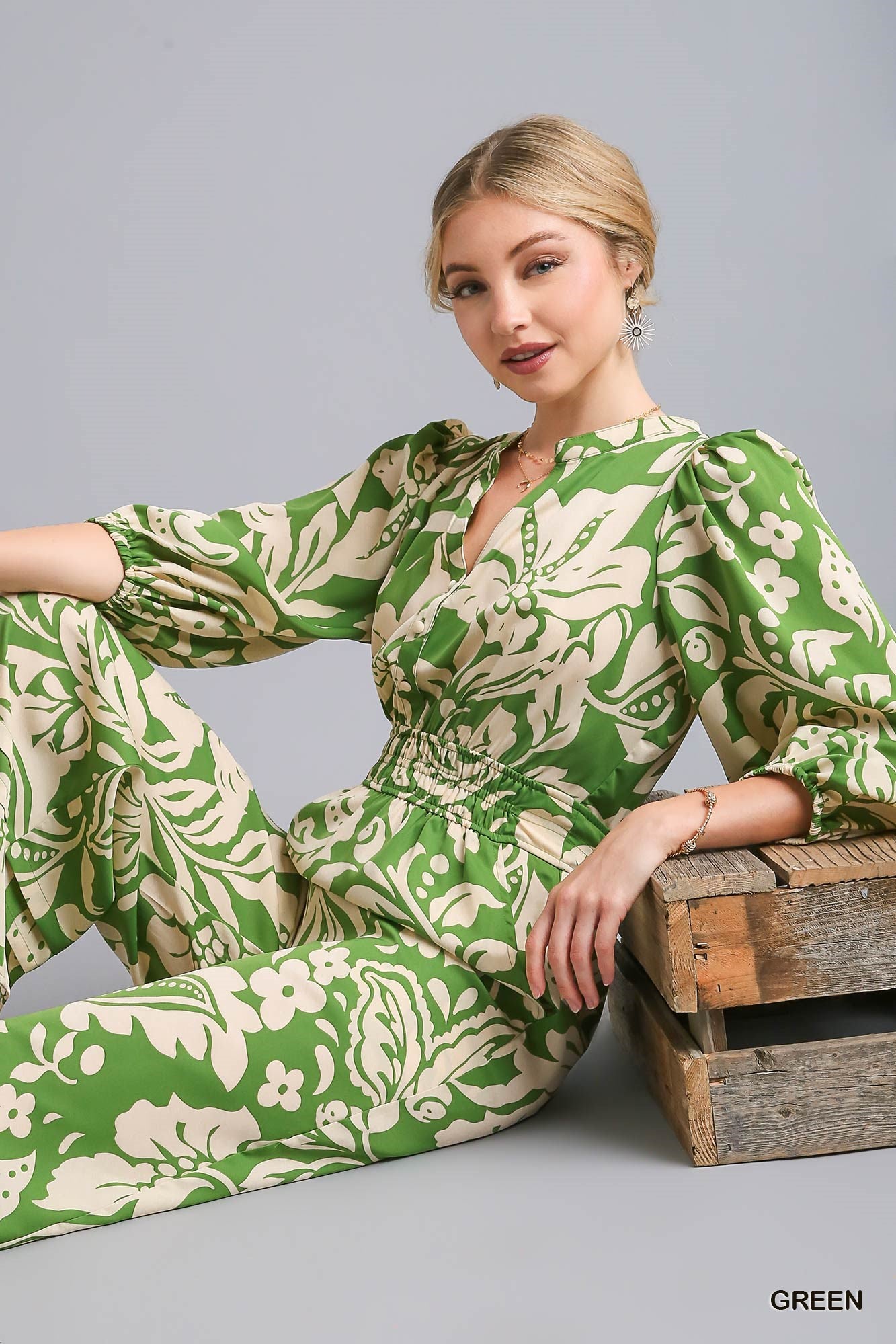 Umgee Two Tone Smocked Waist Balloon Sleeve Button Print Jumpsuit