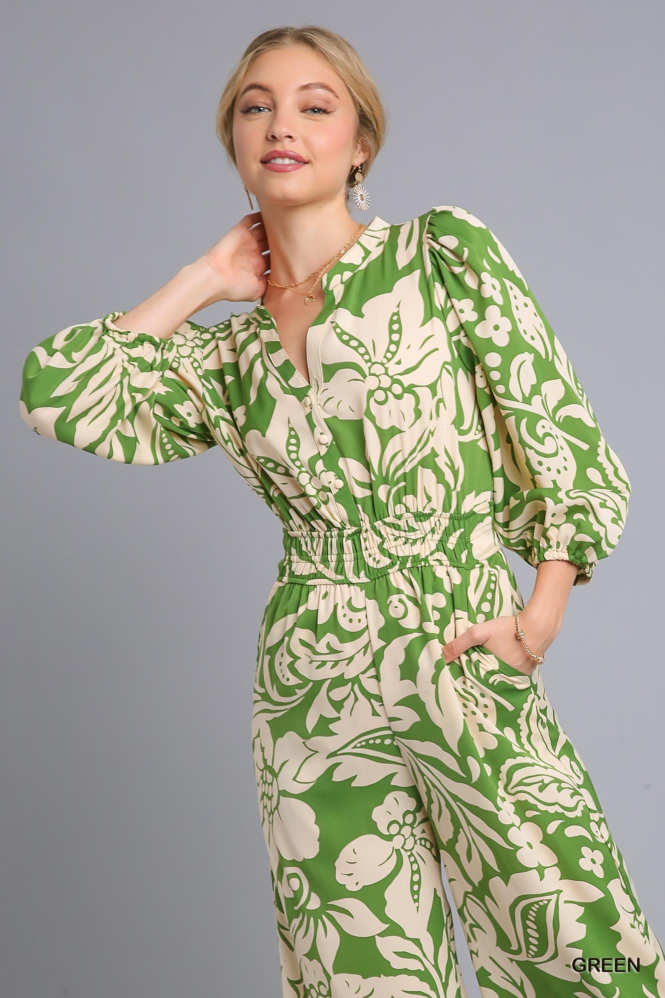Umgee Two Tone Smocked Waist Balloon Sleeve Button Print Jumpsuit