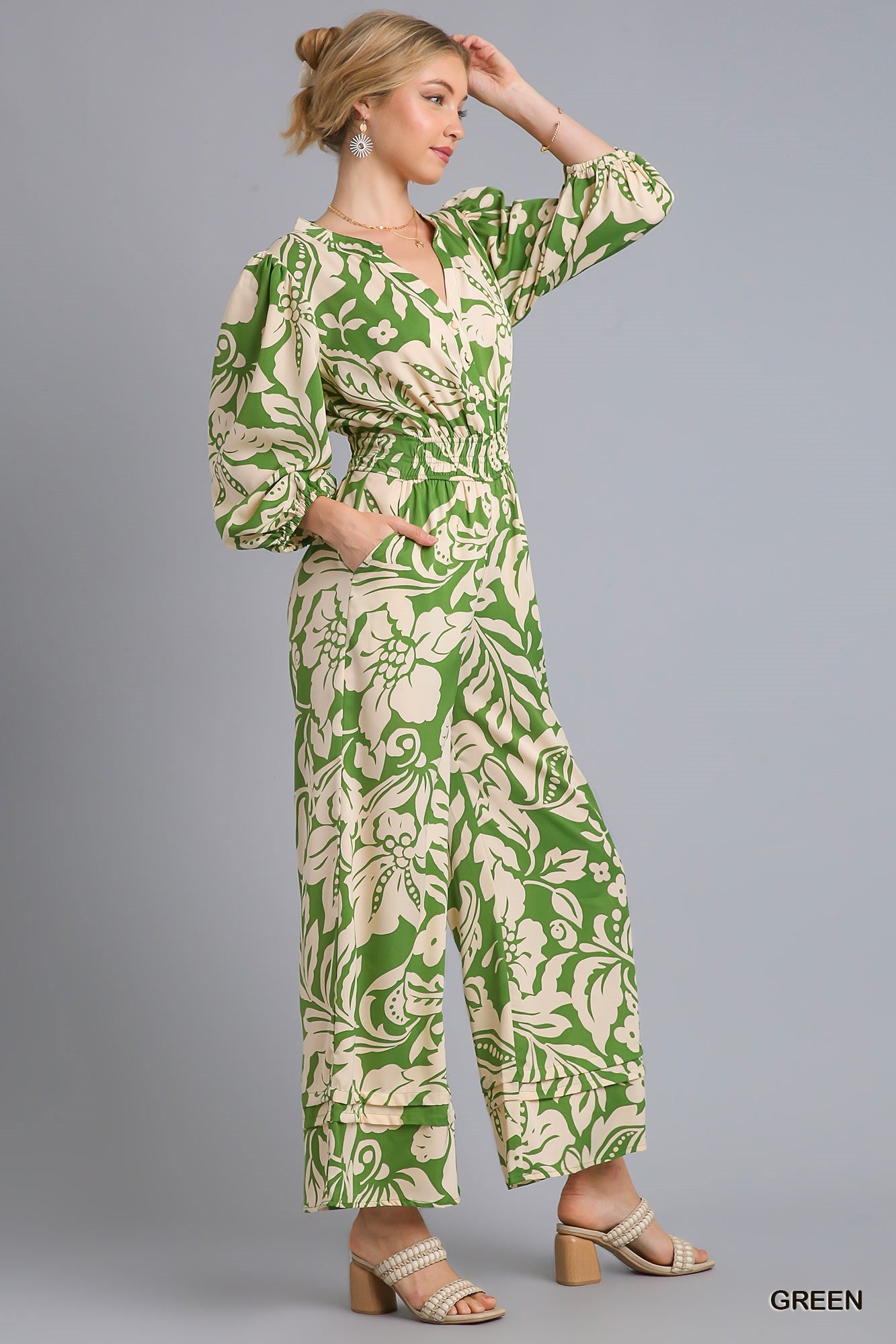 Umgee Two Tone Smocked Waist Balloon Sleeve Button Print Jumpsuit