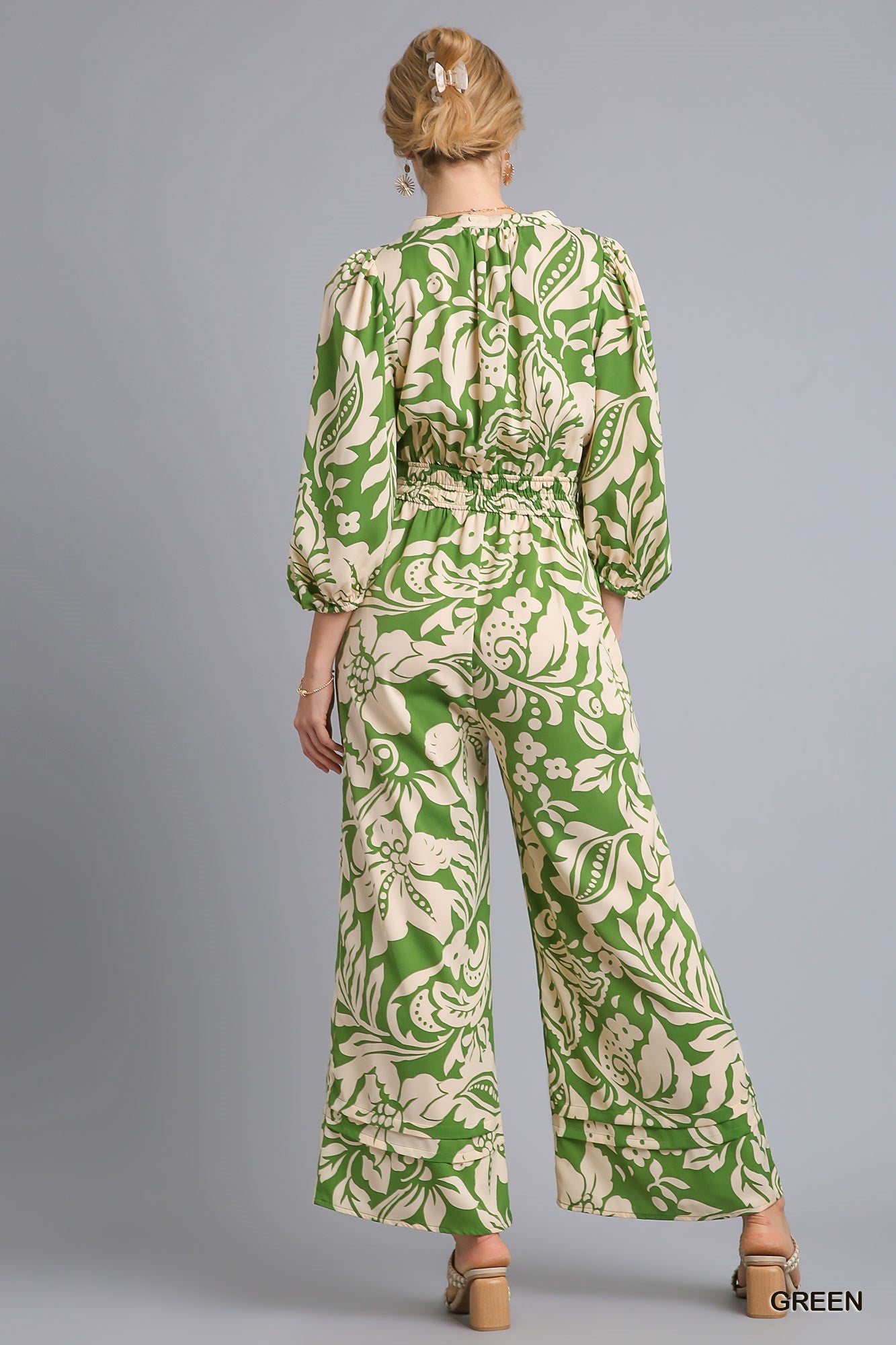 Umgee Two Tone Smocked Waist Balloon Sleeve Button Print Jumpsuit