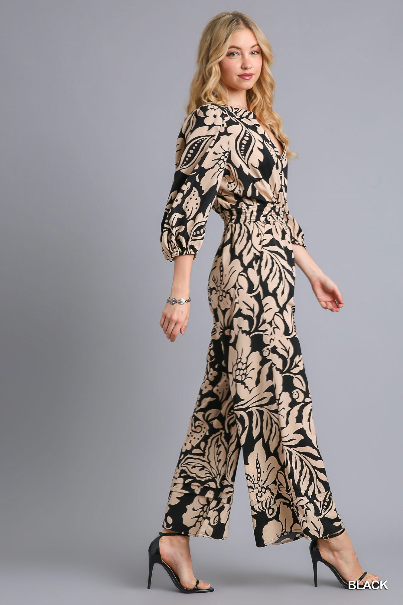 Umgee Two Tone Smocked Waist Balloon Sleeve Button Print Jumpsuit